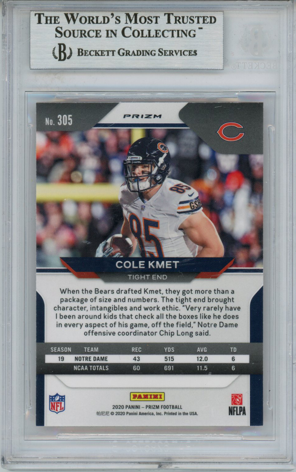 Cole Kmet Autographed 2020 Prizm Orange Lazer #305 Rookie Card BAS Slab