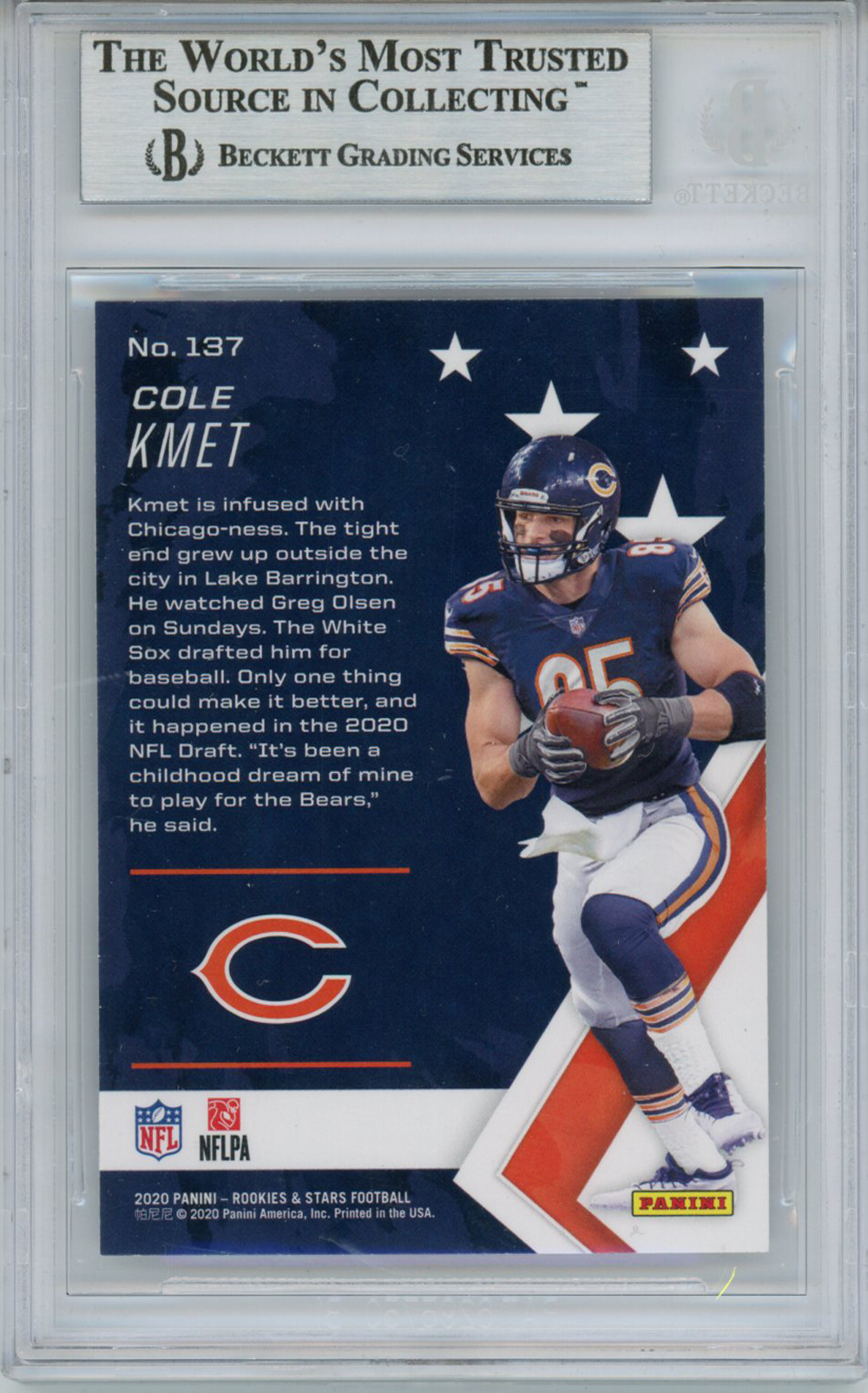 Cole Kmet Autographed 2020 Rookies & Stars #137 Rookie Card BAS Slab