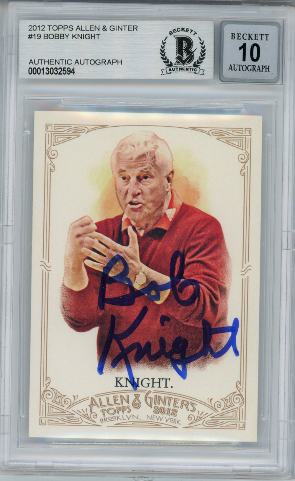 Bobby Knight Autographed 2012 Allen & Ginter Trading Card BAS Slab