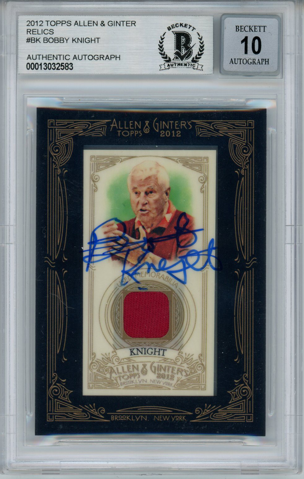 Bobby Knight Autographed 2012 Allen & Ginter Patch Trading Card BAS Slab