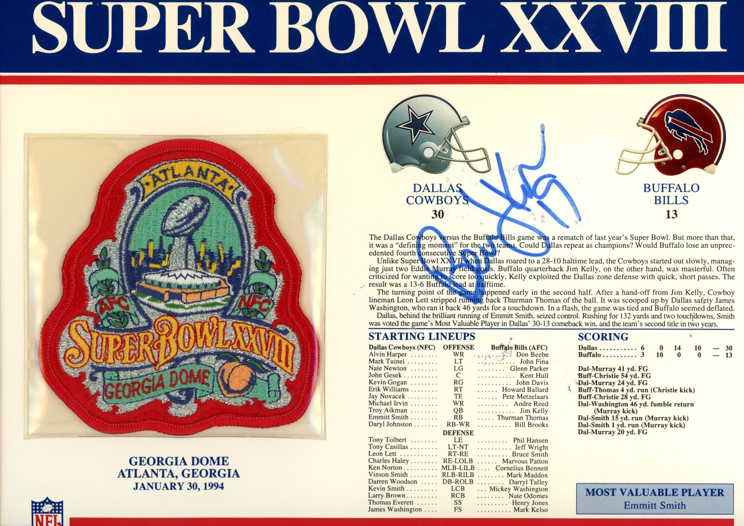 Bernie Kosar Autographed Dallas Cowboys SB XXVIII Patch Stat Card Beckett 54954