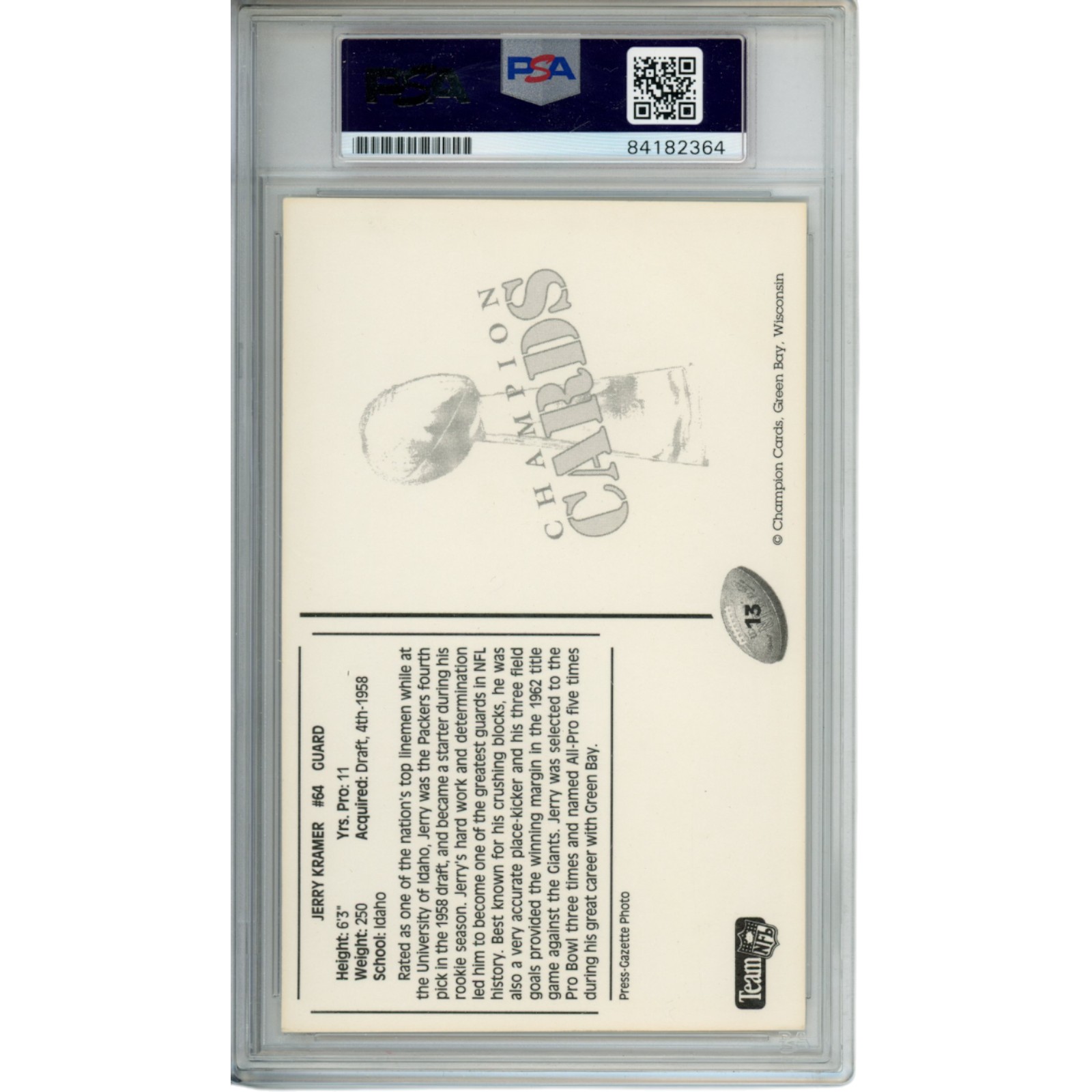 Jerry Kramer Autographed/Signed Green Bay Packers Postcard PSA Slabbed 54801