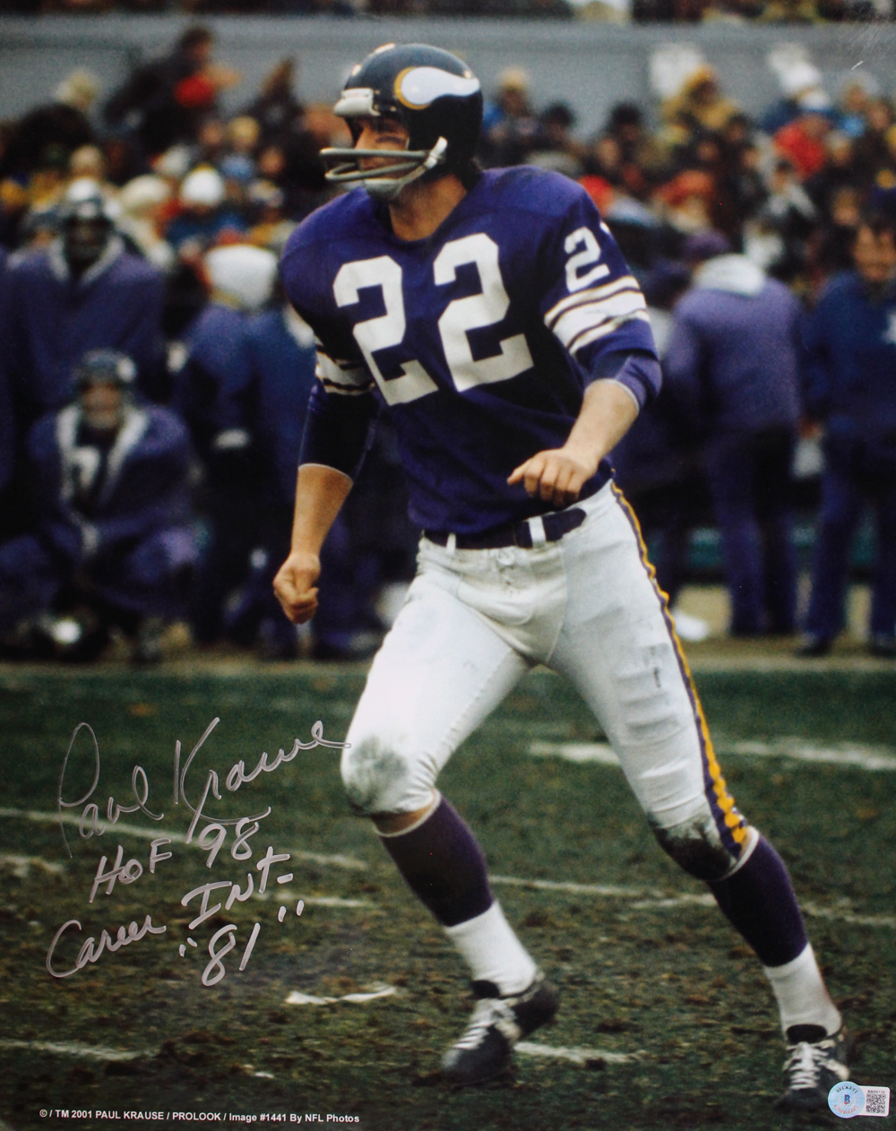 Paul Krause Autographed Minnesota Vikings 16x20 Photo HOF Beckett BAS
