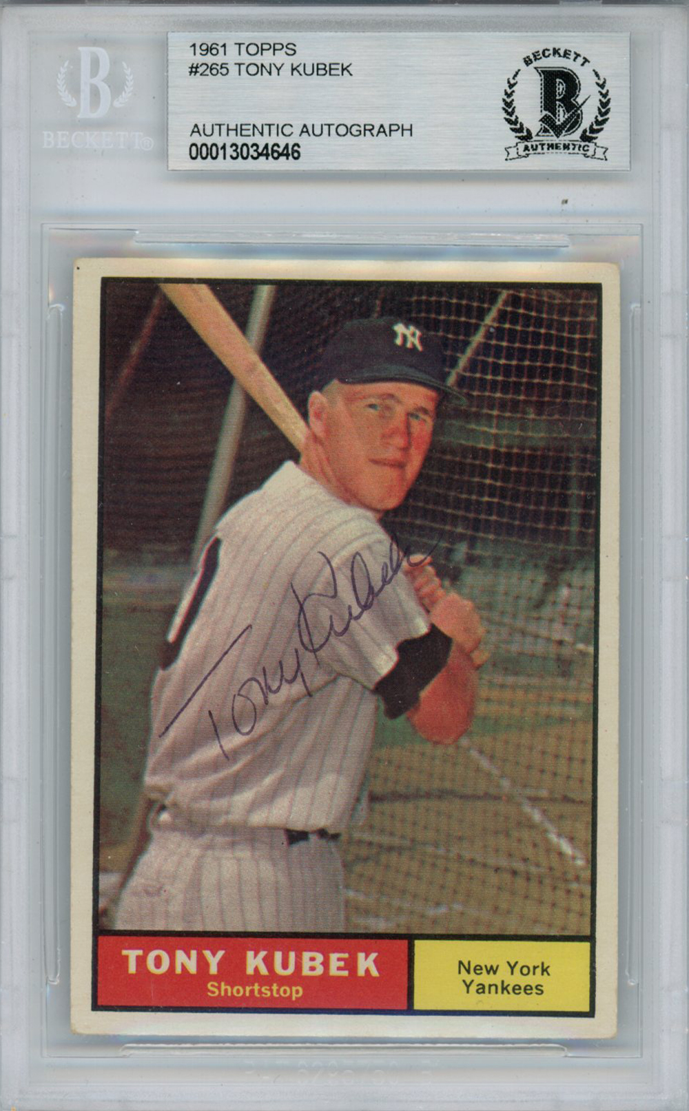 Tony Kubek Autographed 1961 Topps #265 Trading Card Beckett Slab