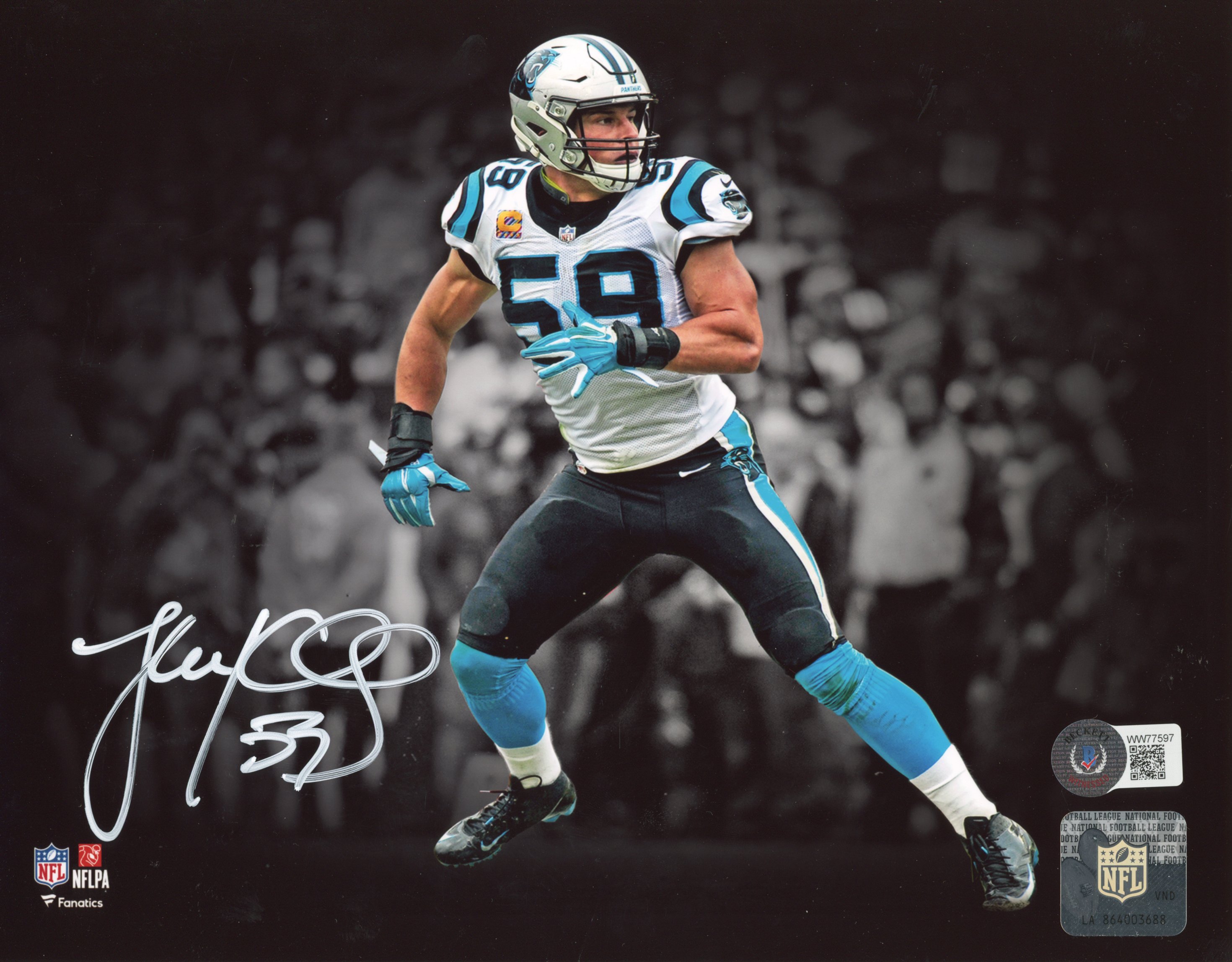 Luke Kuechly Autographed/Signed Carolina Panthers 8x10 Photo Beckett 