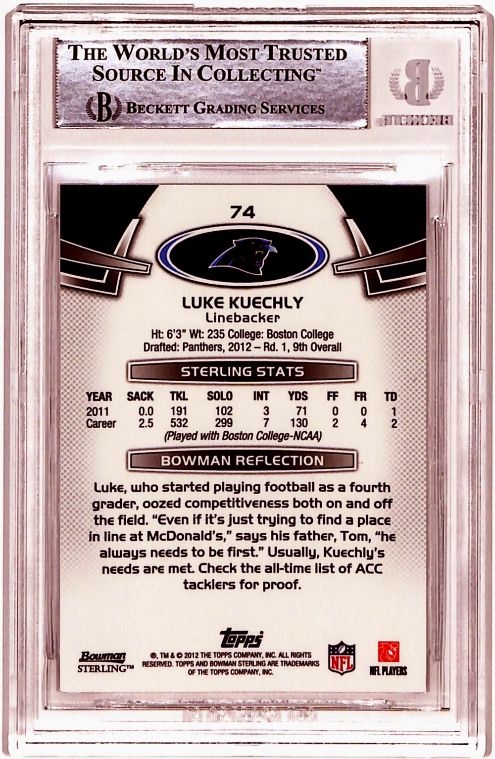 Luke Kuechly Signed 2012 Bowman Sterling #74 Rookie Card Beckett Slab