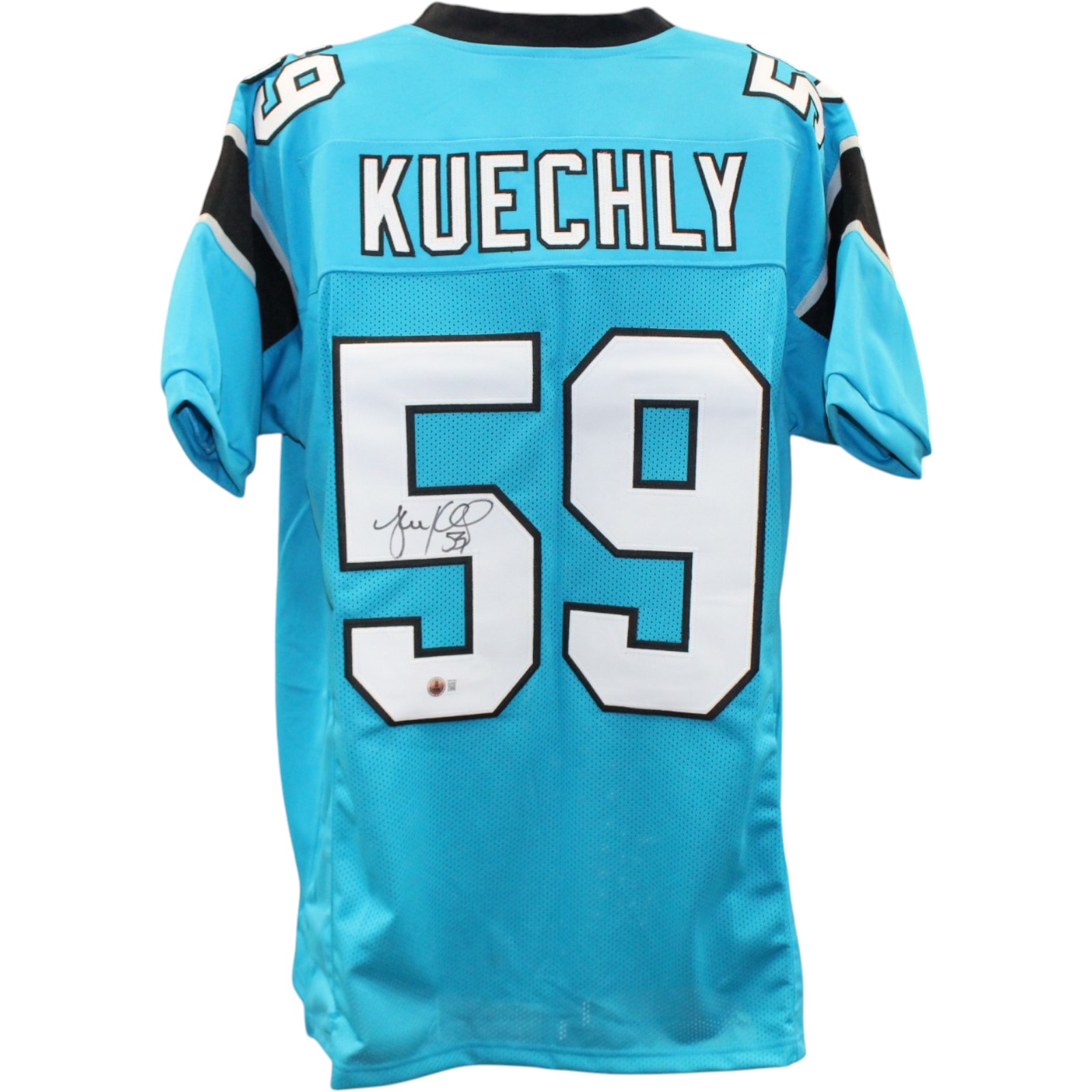 Luke Kuechly Autographed Pro Style Sz XL Blue Jersey Beckett Witness 57912 1 Luke Kuechly Autographed Pro Style Sz XL Blue Jersey Beckett Witness 57912