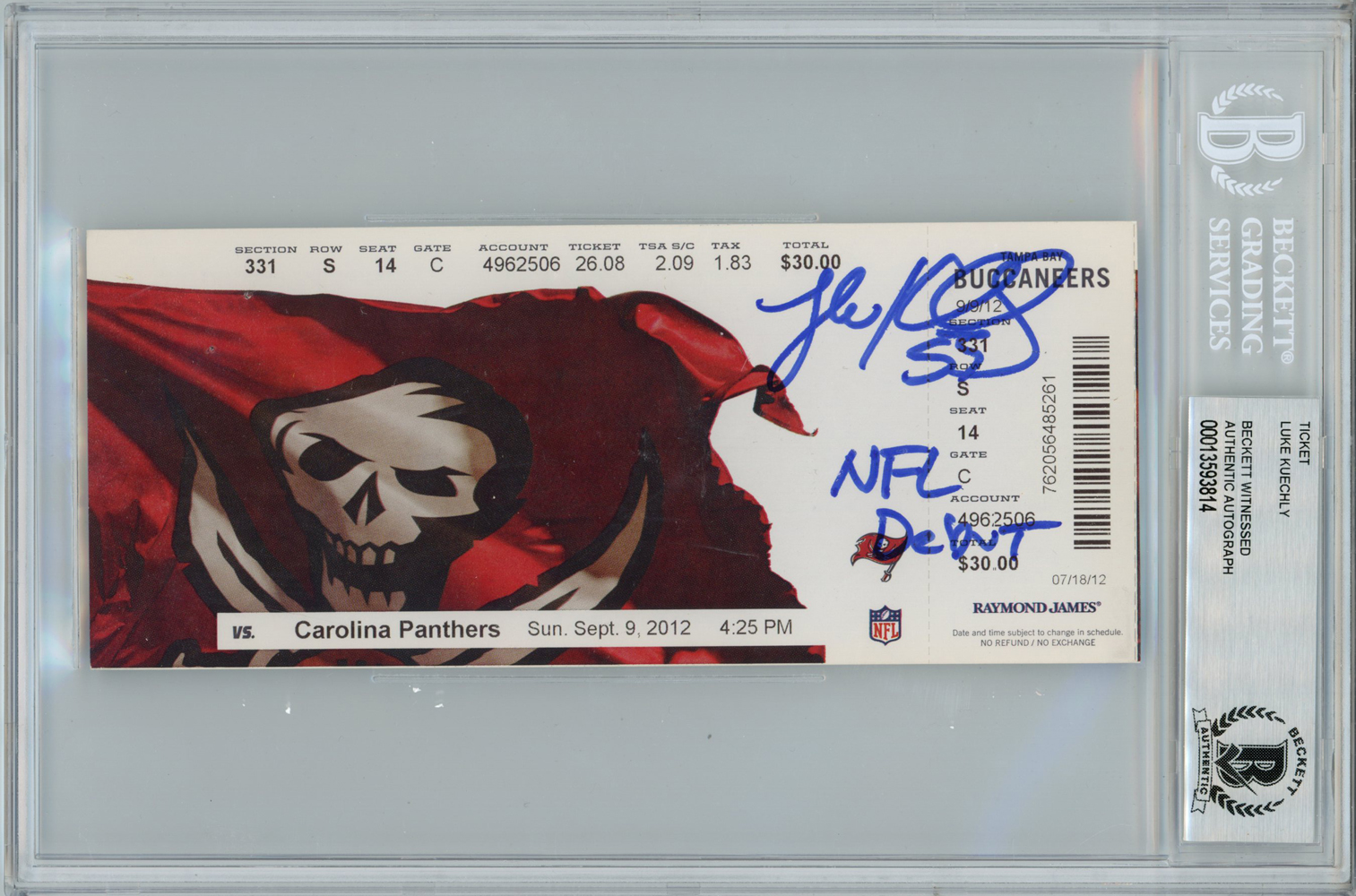 Luke Kuechly Signed Carolina Panthers NFL Debut Ticket Stub Becket Slab