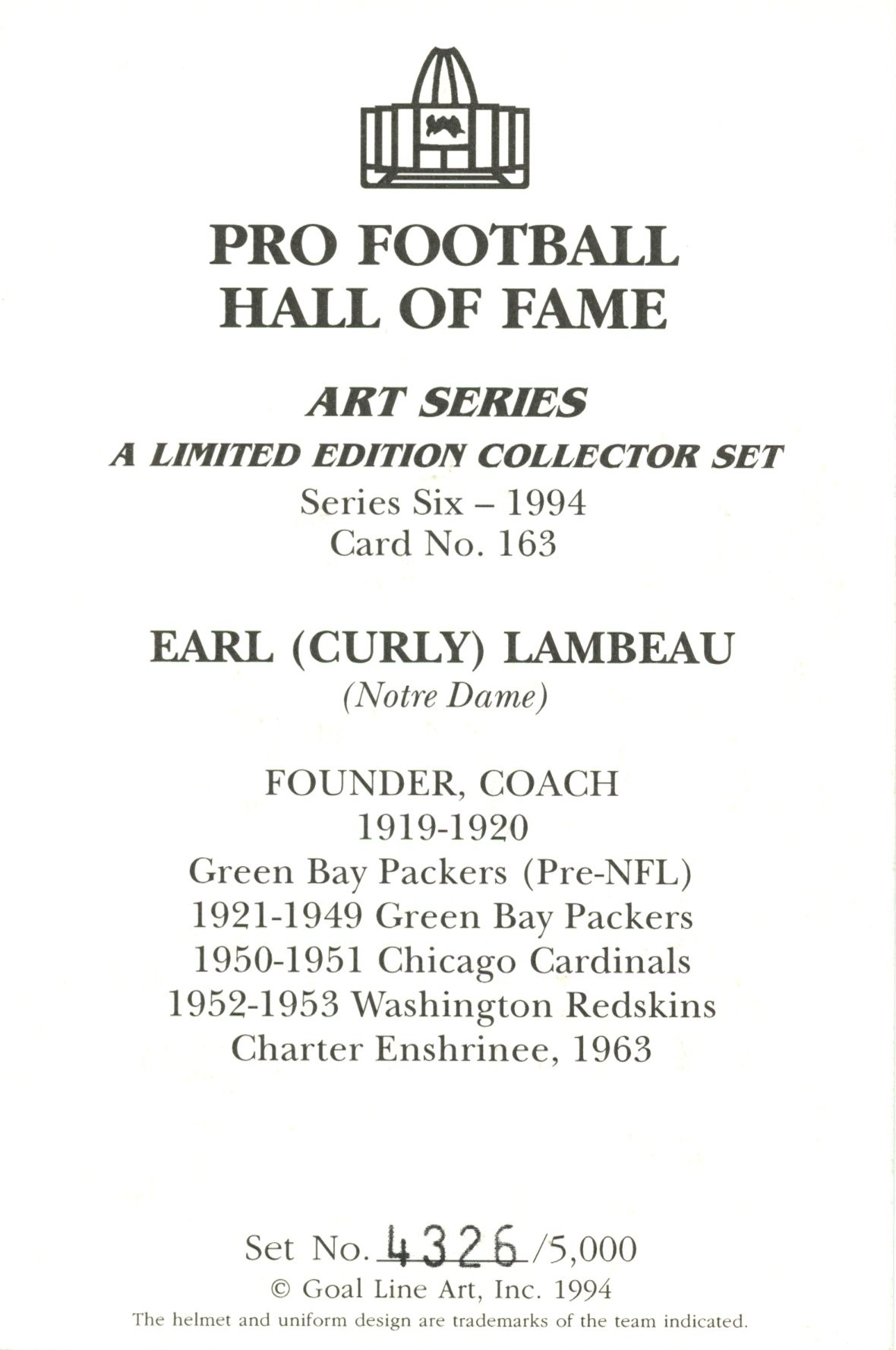Earl "Curly" Lambeau Green Bay Packers Goal Line Art Card No Earl "Curly" Lambeau Green Bay Packers Goal Line Art Card No. 163 /5000 58099