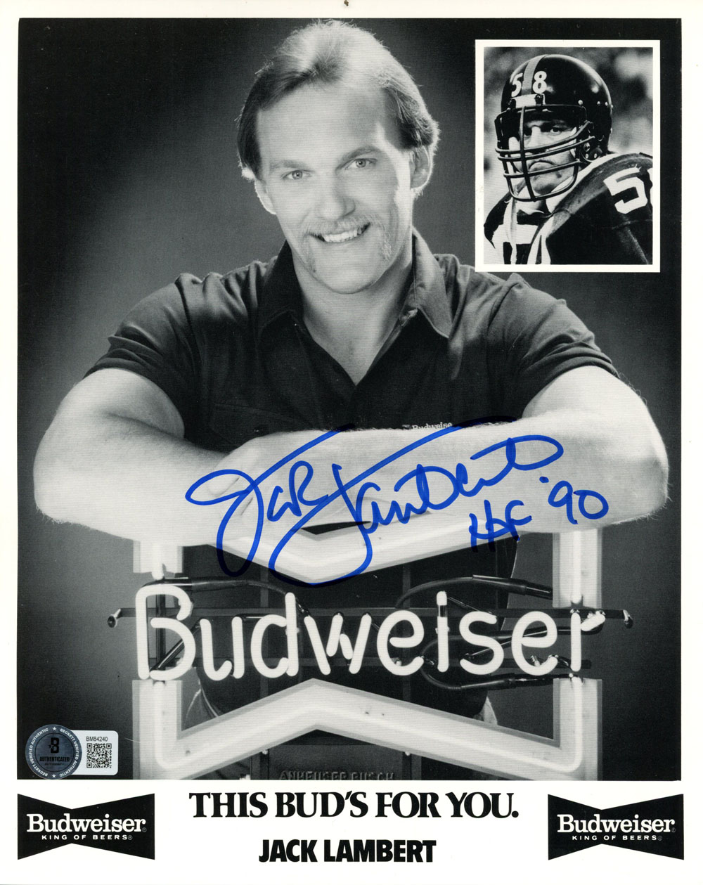 Jack Lambert Autographed Pittsburgh Steelers 8x10 Photo HOF BAS 45554