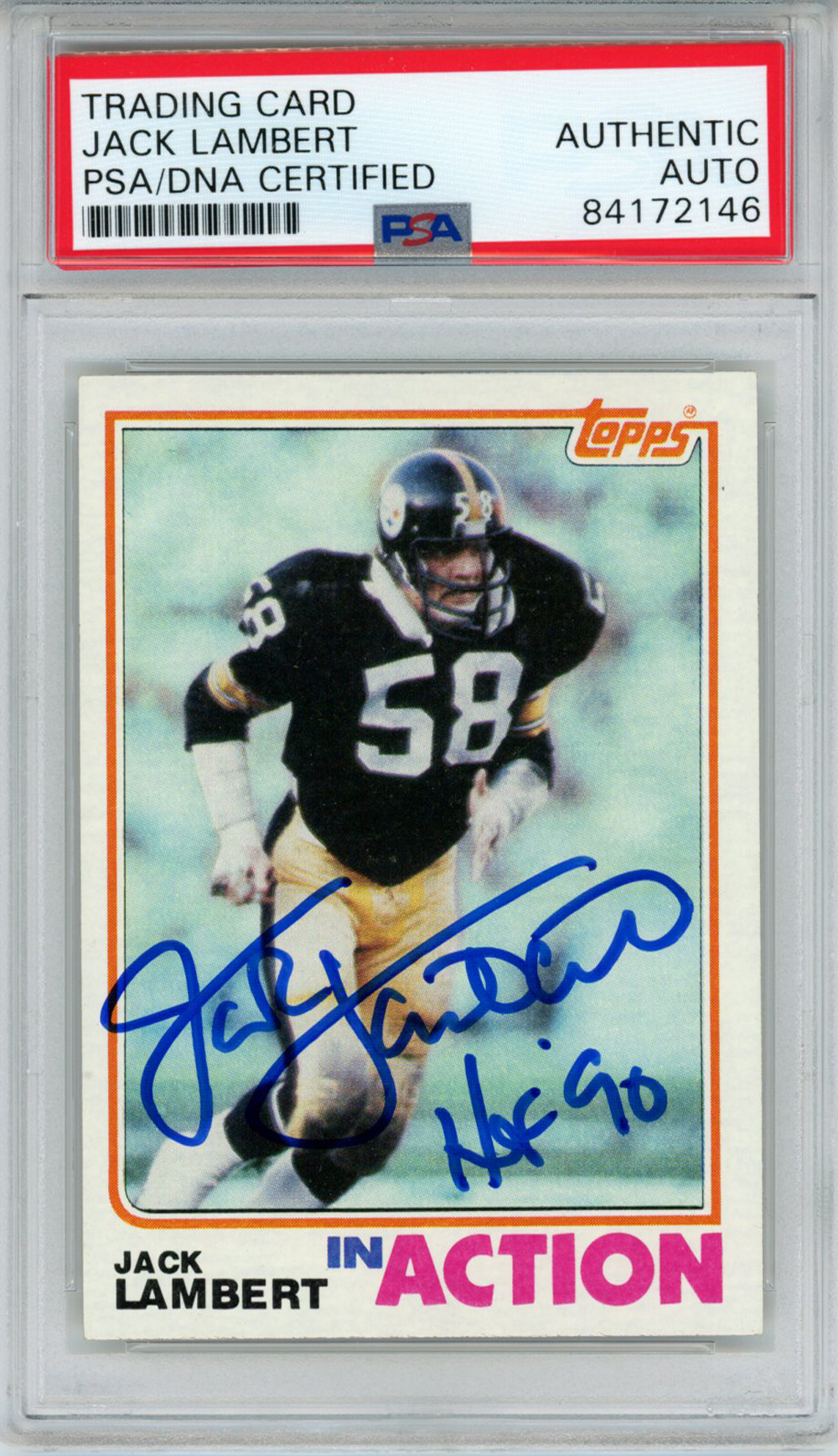 Jack Lambert Signed Steelers 1982 Topps Trading Card #214 HOF PSA Slab 32221