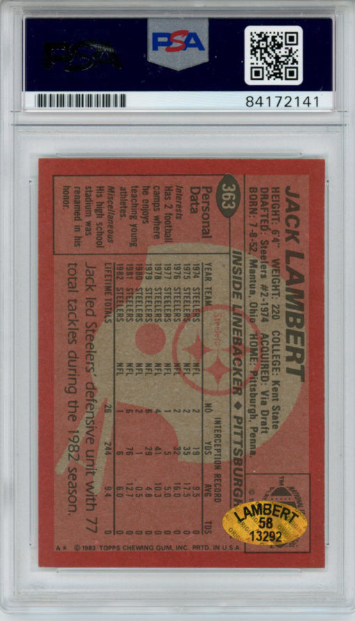 Jack Lambert Signed Steelers 1983 Topps Trading Card #363 HOF PSA Slab 32222