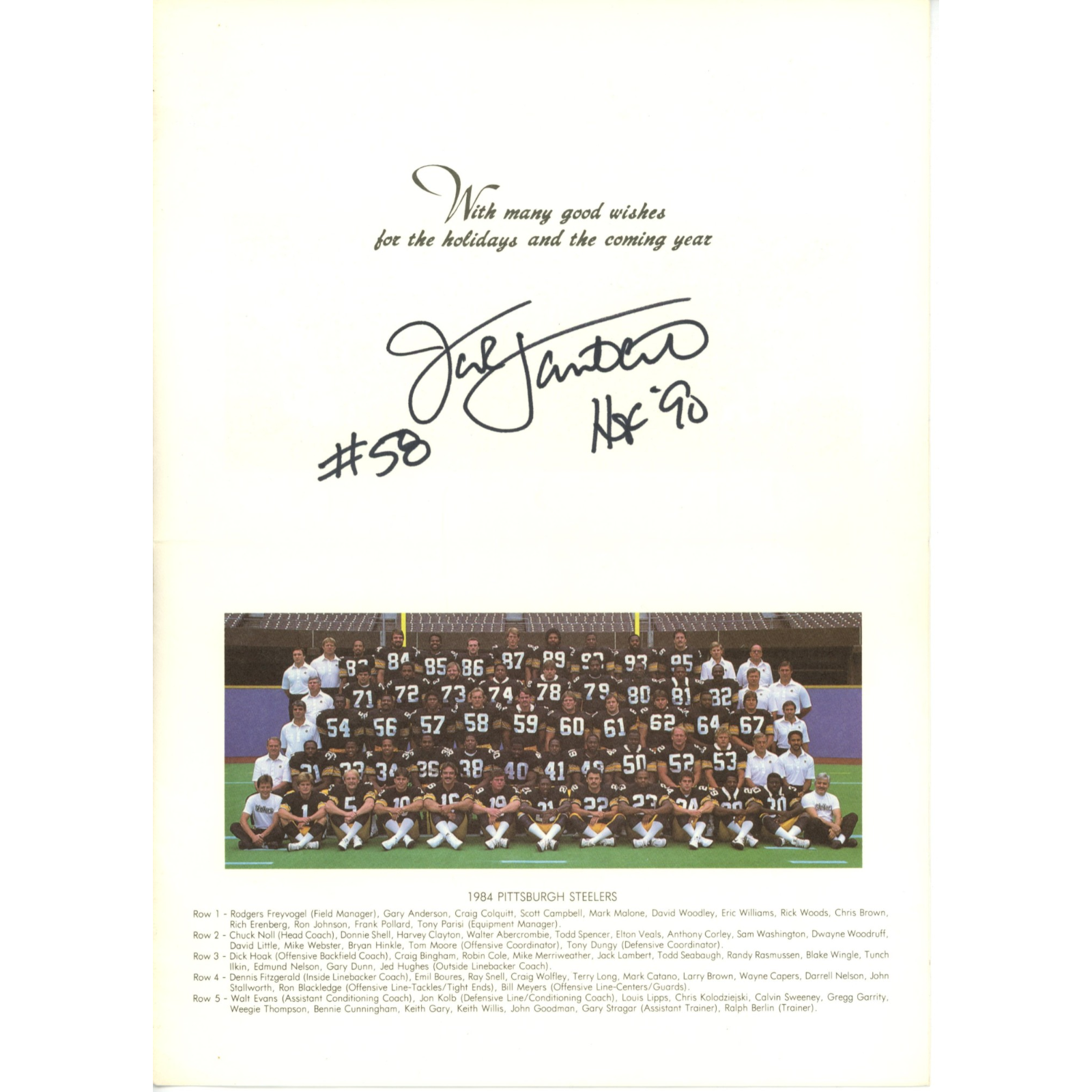 Jack Lambert Autographed Pittsburgh Steelers Christmas Card HOF Beckett 55134