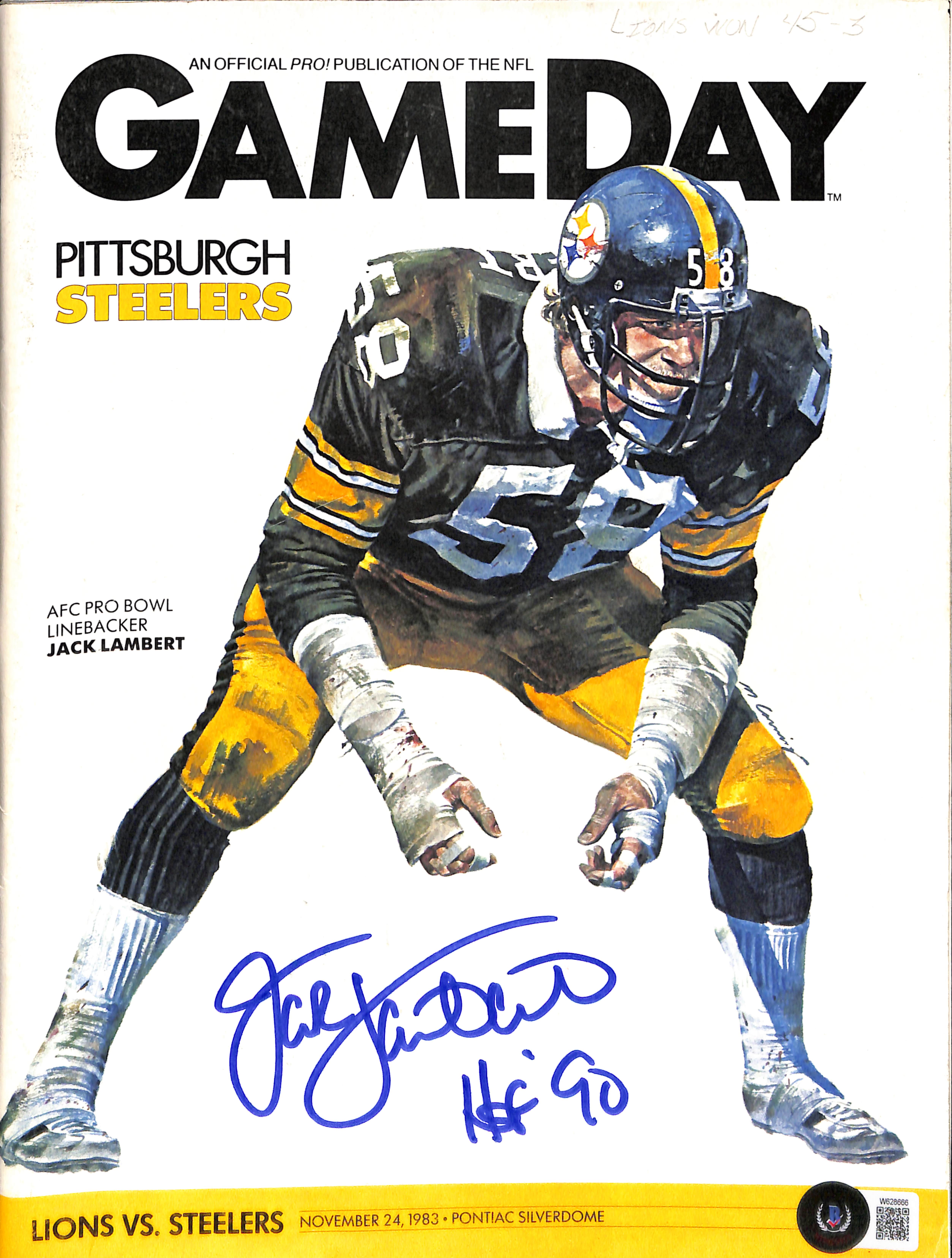 Jack Lambert Autographed Pittsburgh Steelers Gameday Magazine HOF Beckett 42157