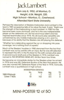 Jack Lambert Signed Pittsburgh Steelers Mini Poster HOF Beckett 46184