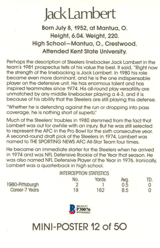 Jack Lambert Signed Pittsburgh Steelers Mini Poster HOF Beckett 46184