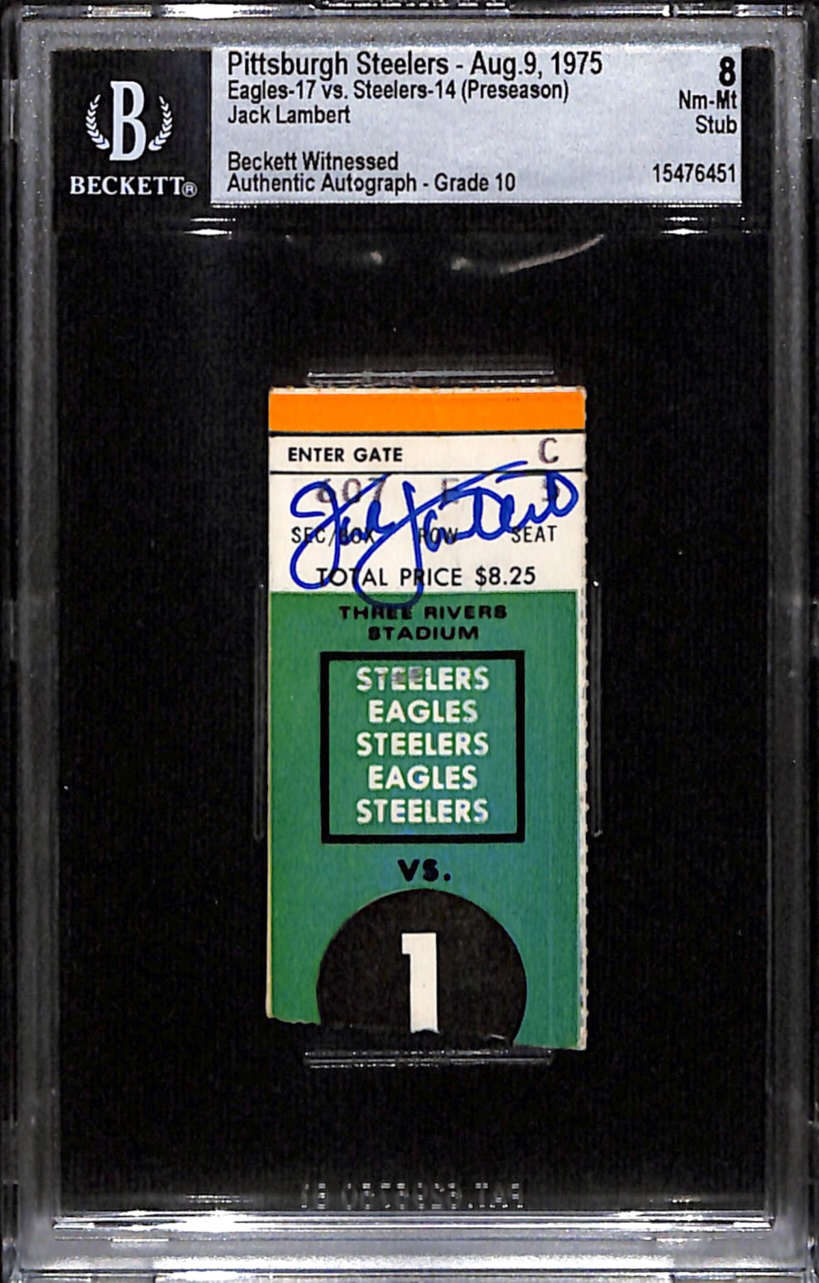 Jack Lambert Signed Pittsburgh Steelers 8/9/75 Ticket Stub Slab Beckett