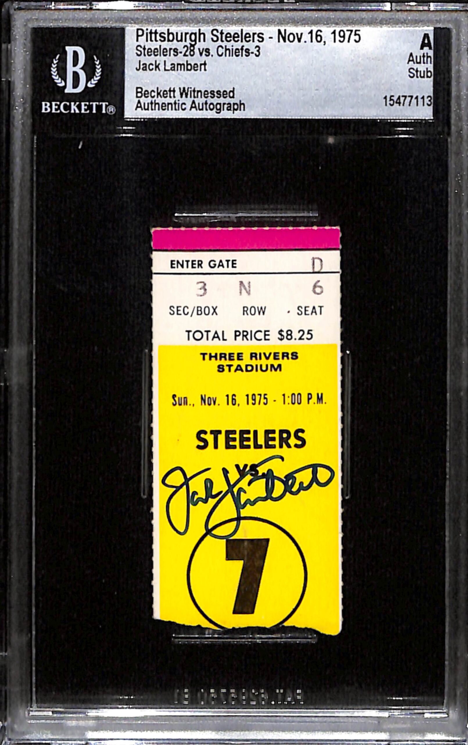 Jack Lambert Signed Pittsburgh Steelers 11/16/75 Ticket Stub Slab Beckett