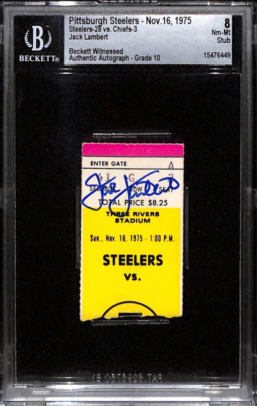 Jack Lambert Signed Pittsburgh Steelers 11/16/75 Ticket Stub Slab Beckett