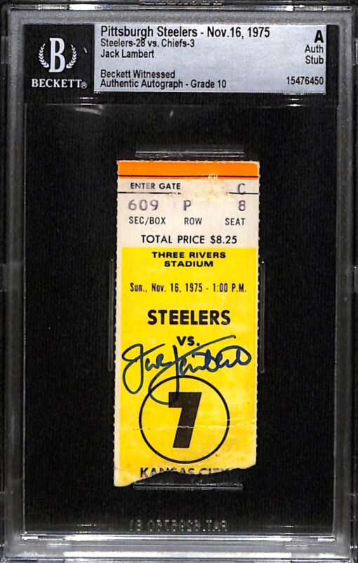 Jack Lambert Signed Pittsburgh Steelers 11/16/75 Ticket Stub Slab Beckett