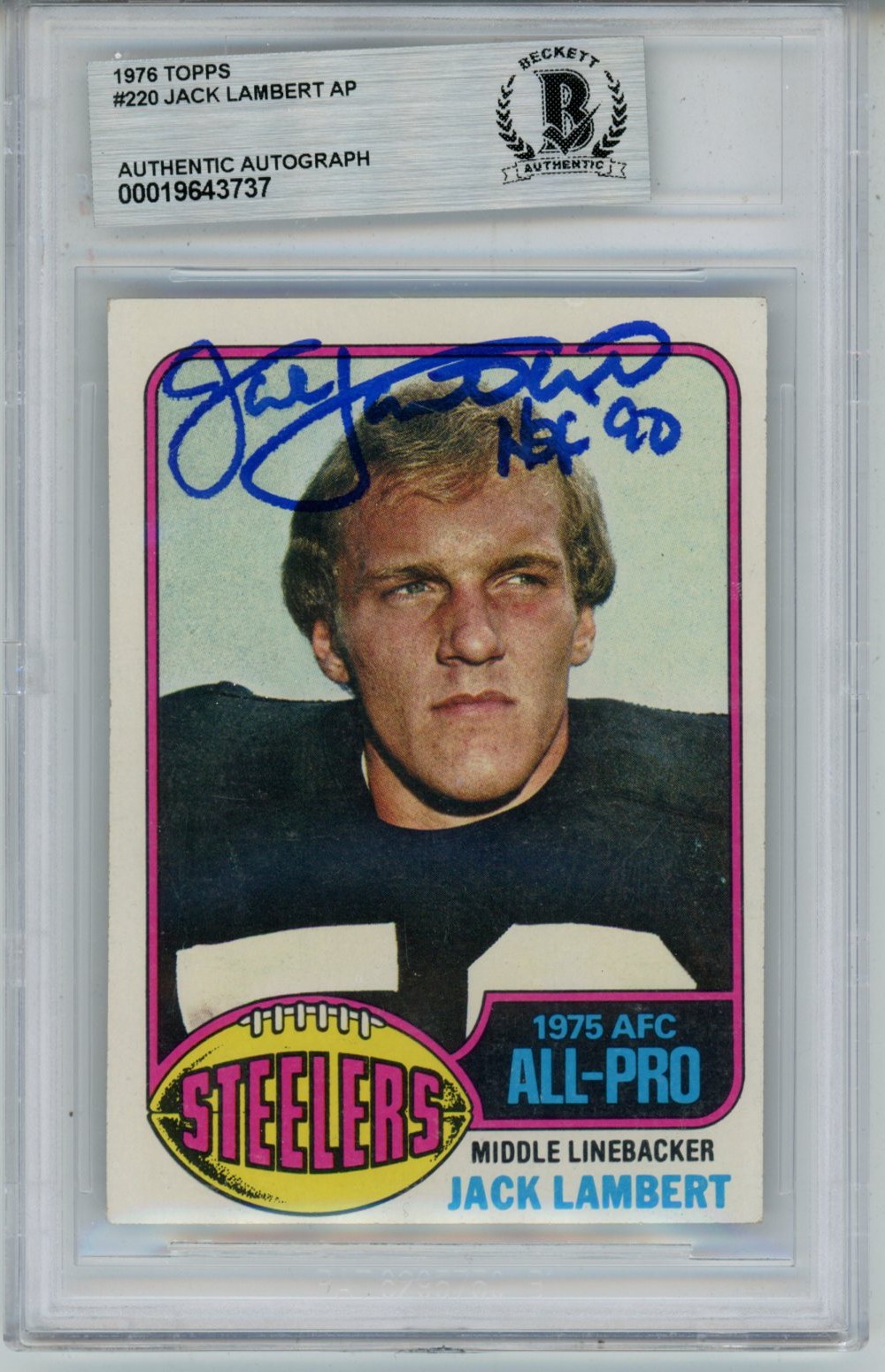 Jack Lambert Autographed/Signed 1976 Topps #229 Slab Trading Card Beckett 54016