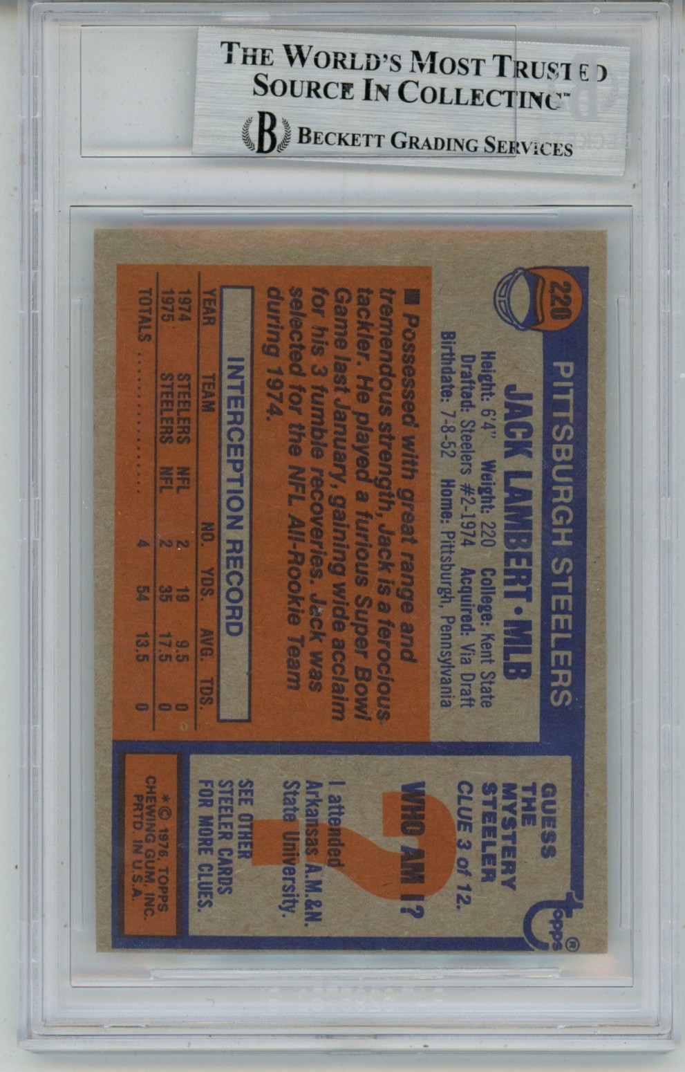 Jack Lambert Autographed/Signed 1976 Topps #229 Slab Trading Card Beckett 54016