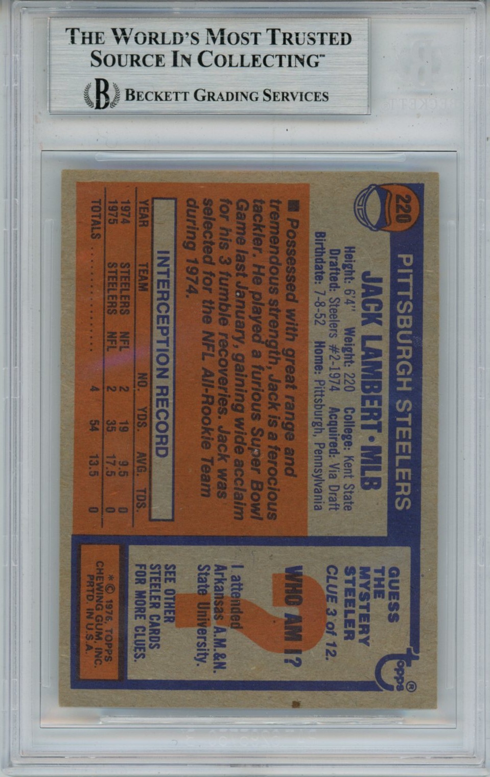 Jack Lambert Autographed/Signed 1976 Topps #229 Slab Trading Card Beckett 56924