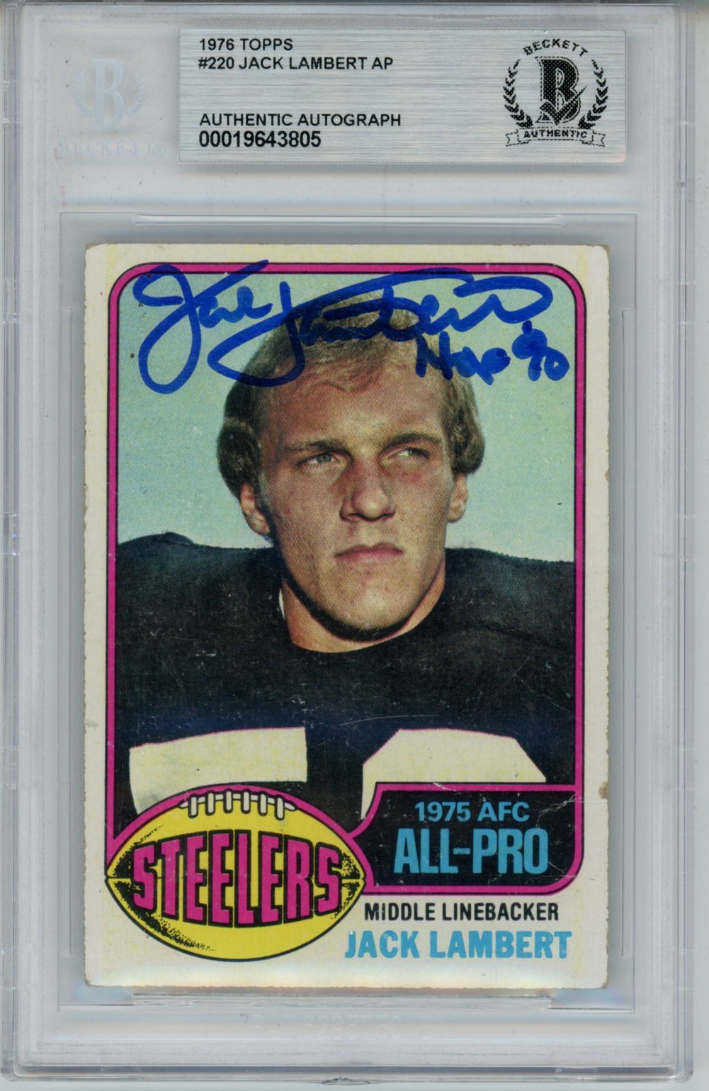 Jack Lambert Autographed/Signed 1976 Topps #229 Slab Trading Card Beckett 56927