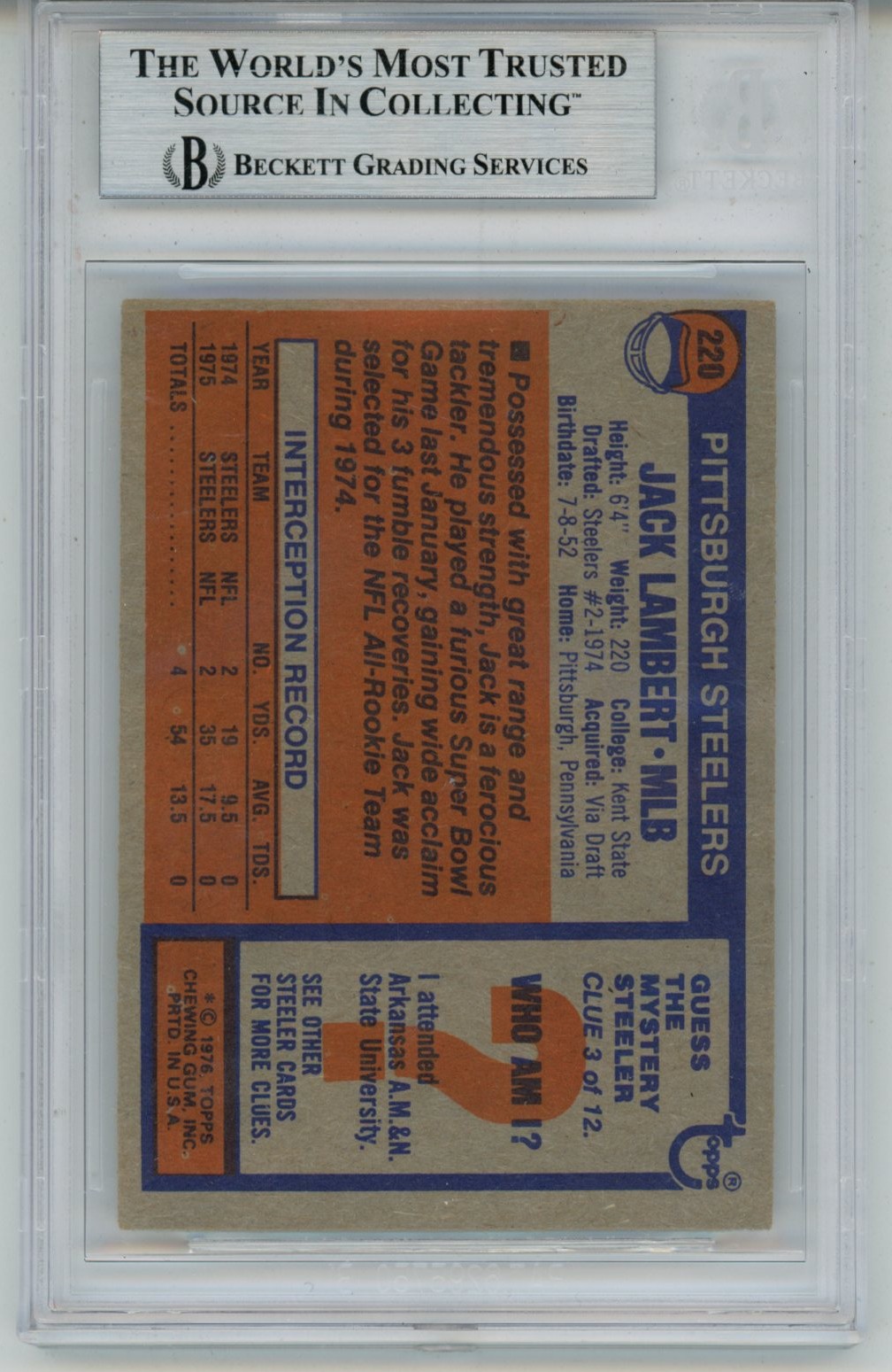 Jack Lambert Autographed/Signed 1976 Topps #229 Slab Trading Card Beckett 56927 2 Jack Lambert Autographed/Signed 1976 Topps #229 Slab Trading Card Beckett 56927
