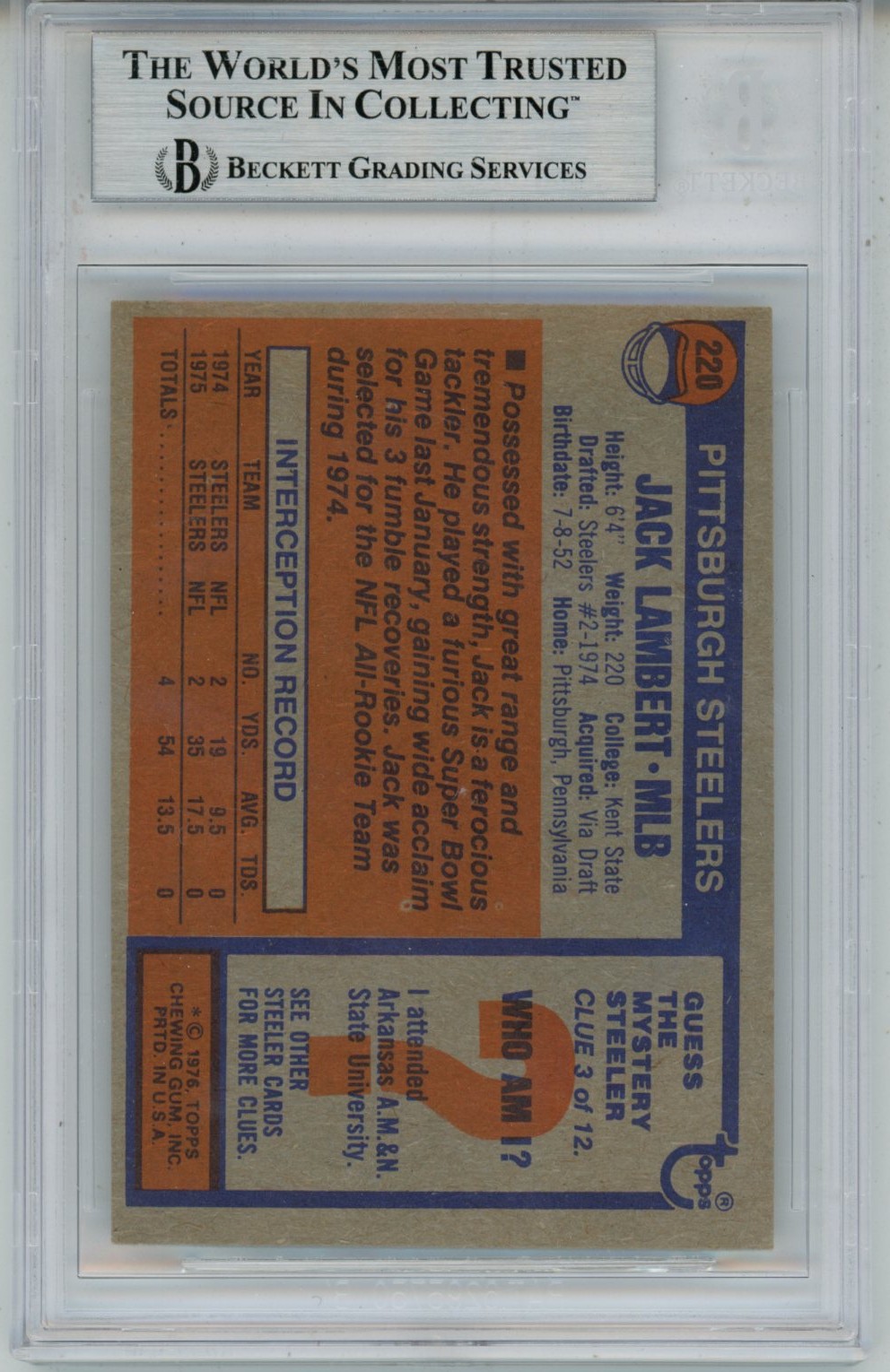 Jack Lambert Autographed/Signed 1976 Topps #229 Slab Trading Card Beckett 56929 2 Jack Lambert Autographed/Signed 1976 Topps #229 Slab Trading Card Beckett 56929
