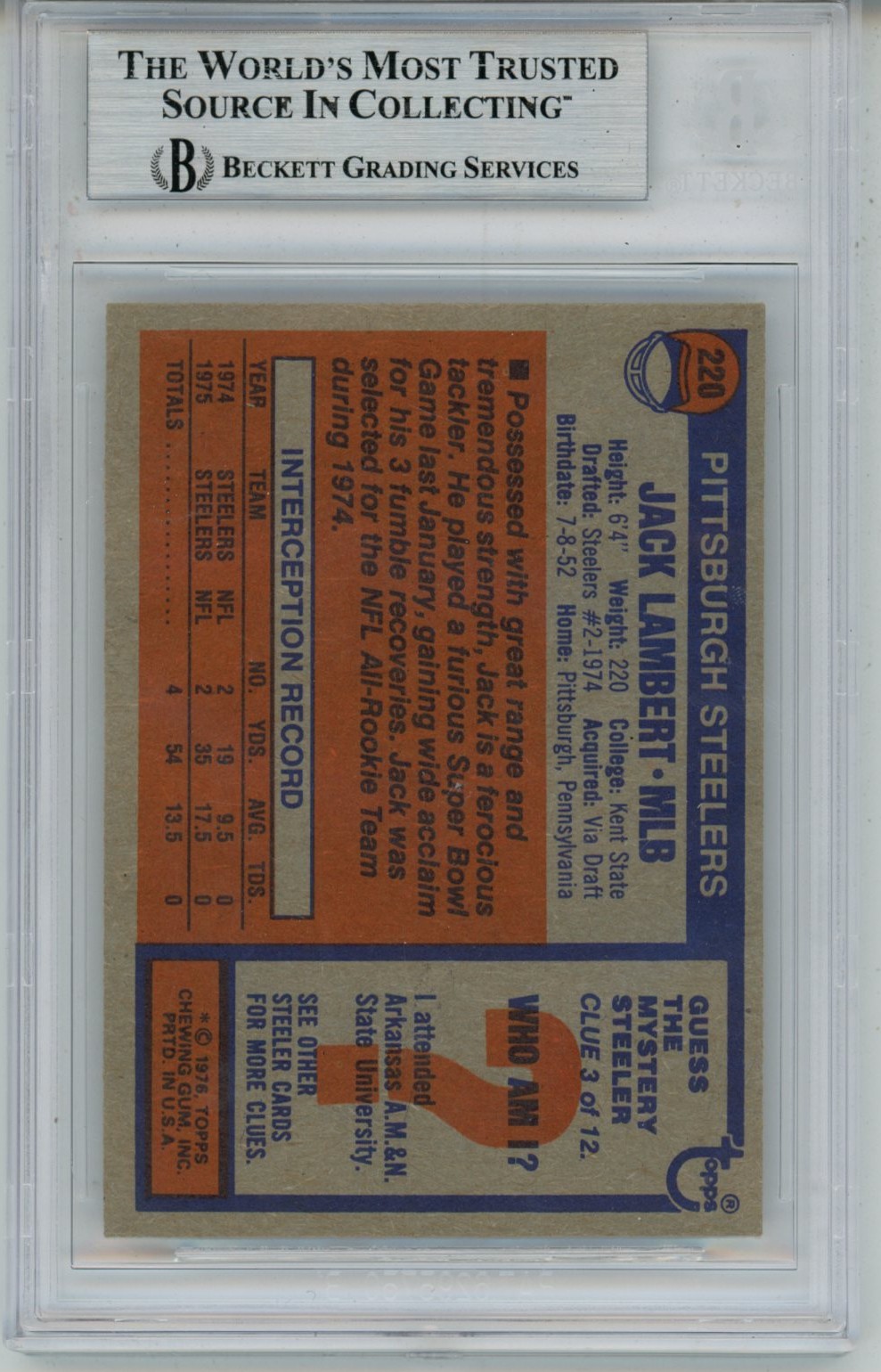 Jack Lambert Autographed/Signed 1976 Topps #229 Slab Trading Card Beckett 56930