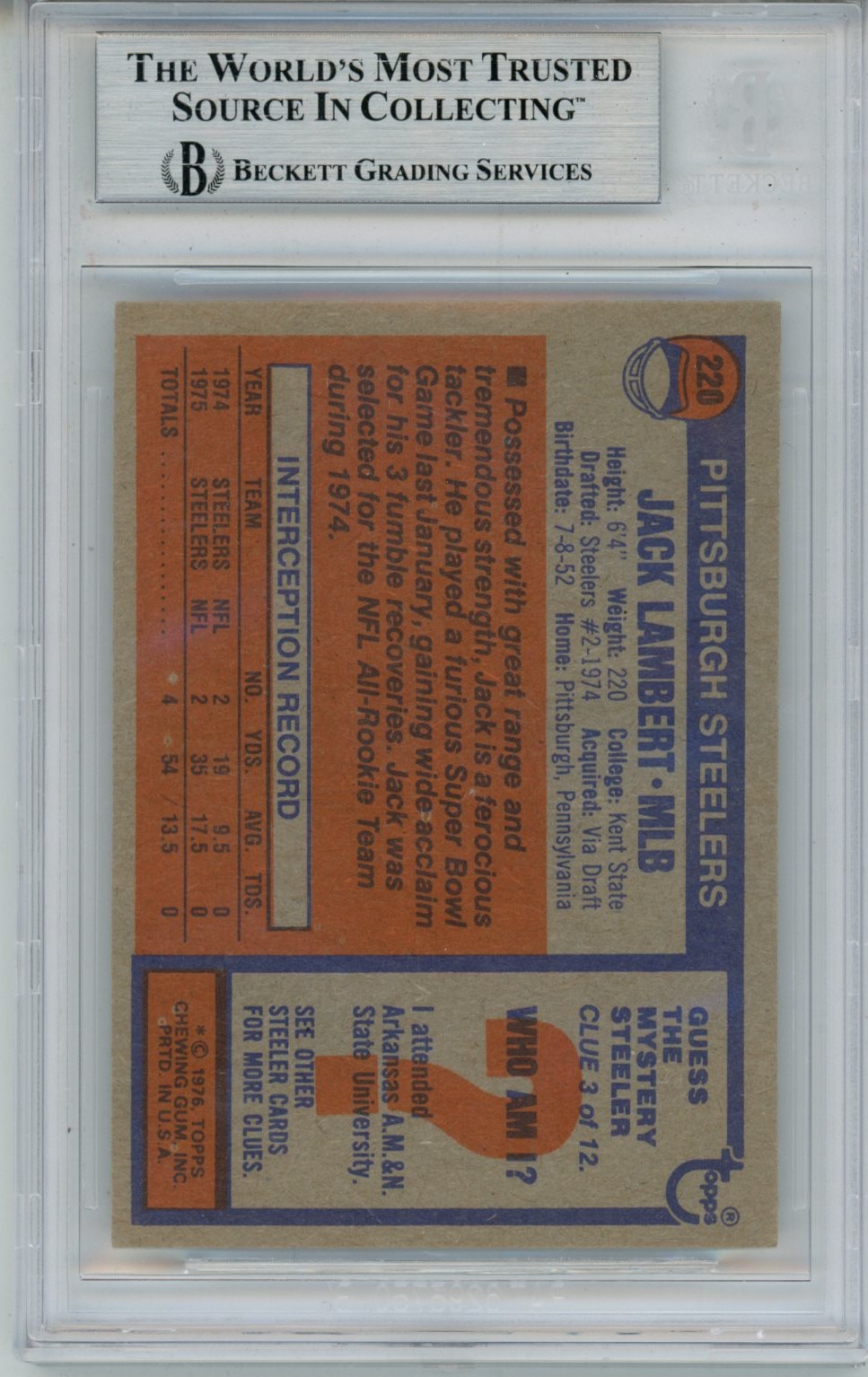 Jack Lambert Autographed/Signed 1976 Topps #229 Slab Trading Card Beckett 56931