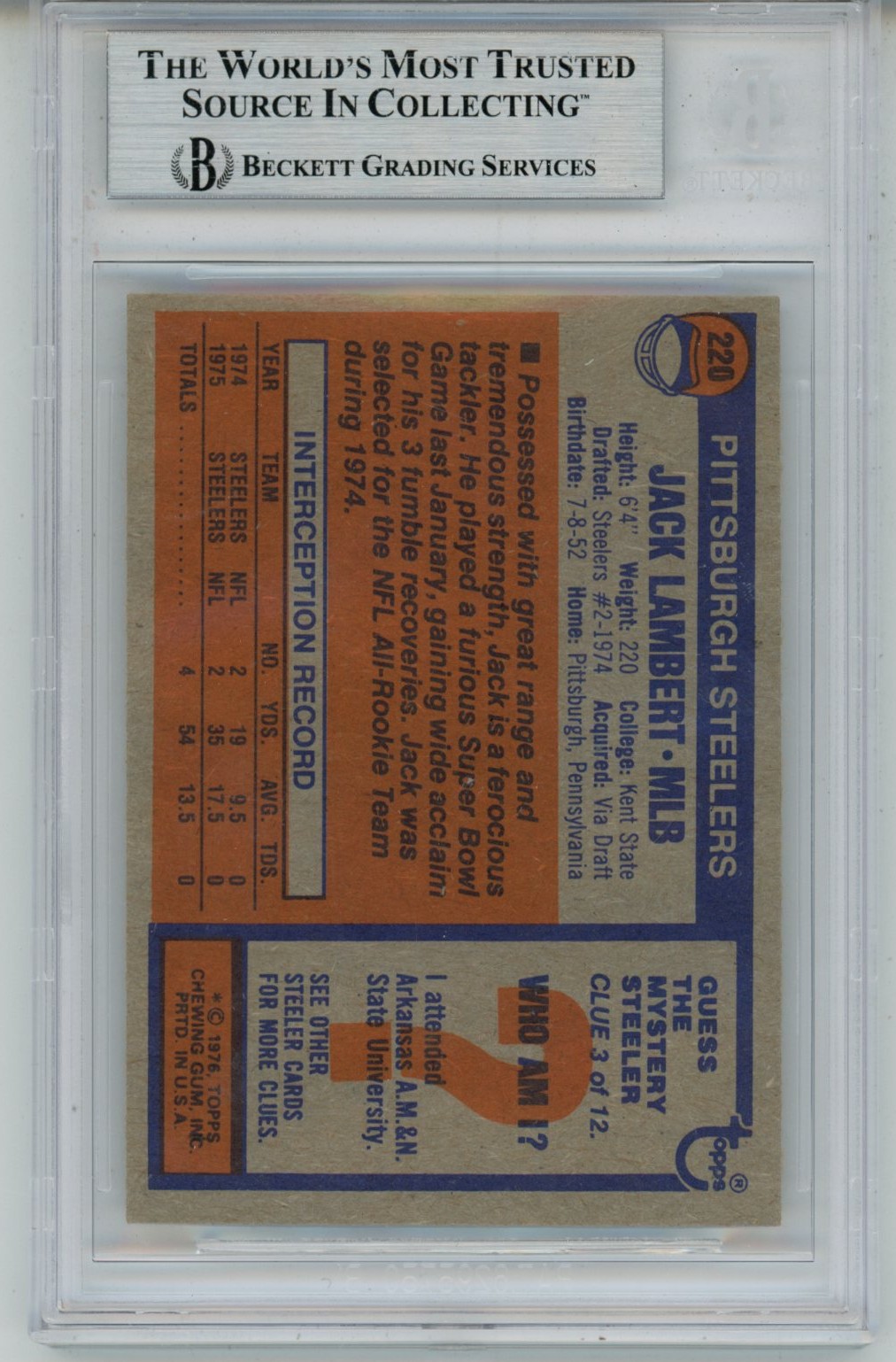 Jack Lambert Autographed/Signed 1976 Topps #229 Slab Trading Card Beckett 56932 2 Jack Lambert Autographed/Signed 1976 Topps #229 Slab Trading Card Beckett 56932