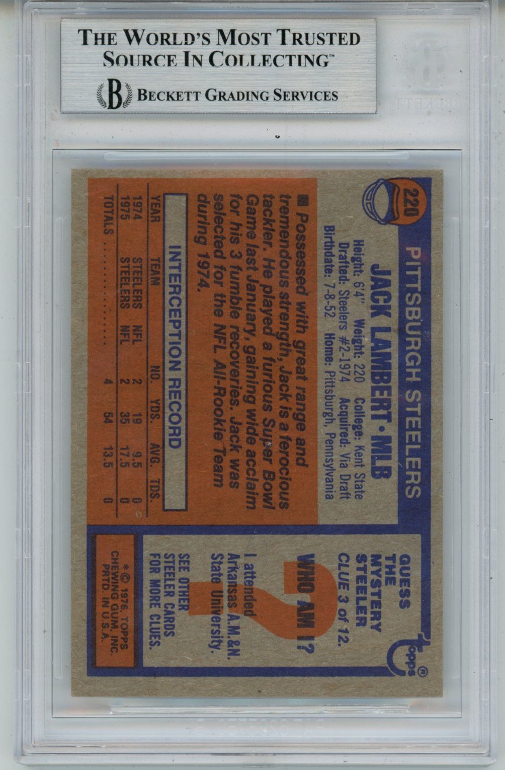 Jack Lambert Autographed/Signed 1976 Topps #229 Slab Trading Card Beckett 56934