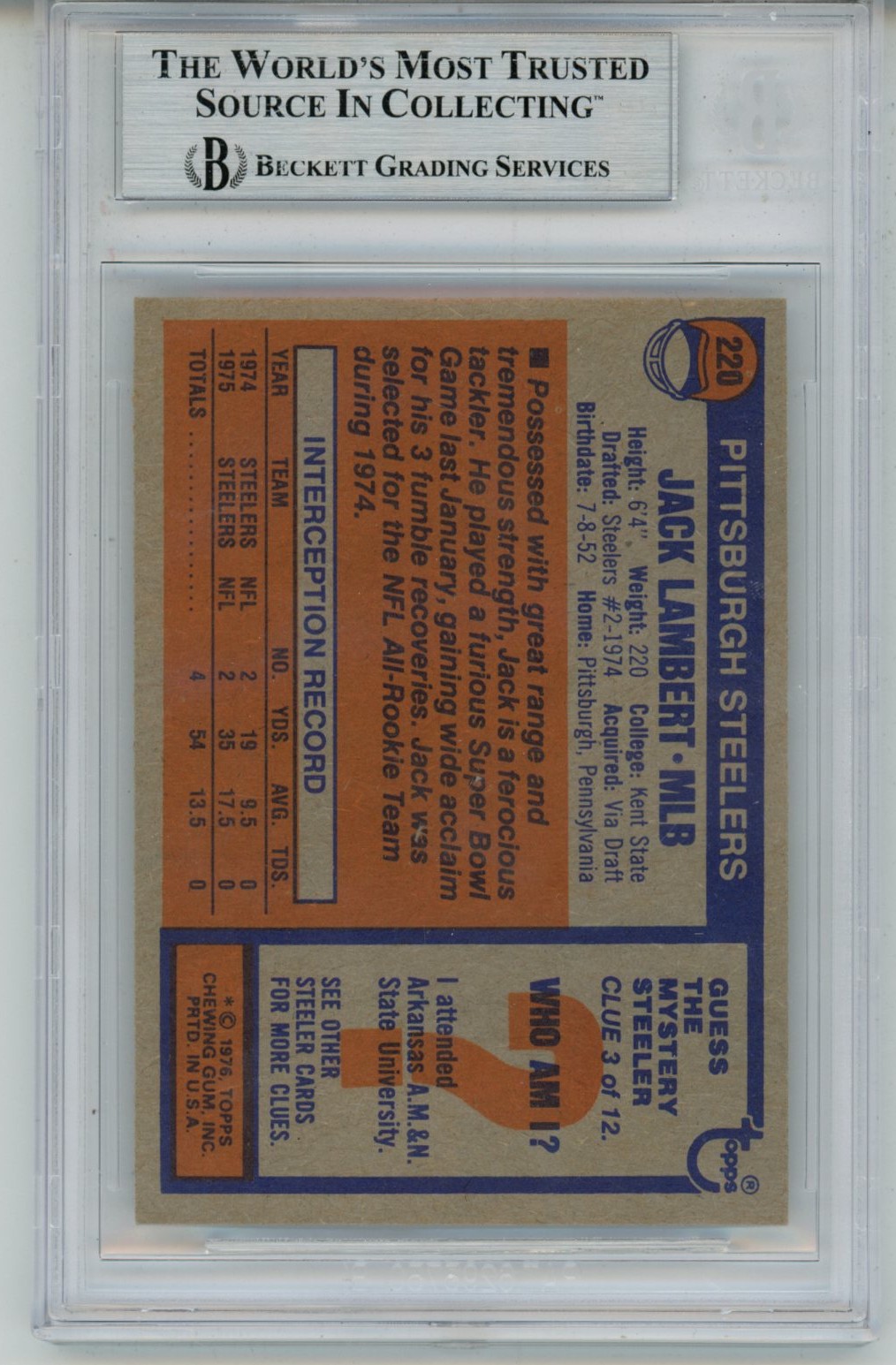 Jack Lambert Autographed/Signed 1976 Topps #229 Slab Trading Card Beckett 56935