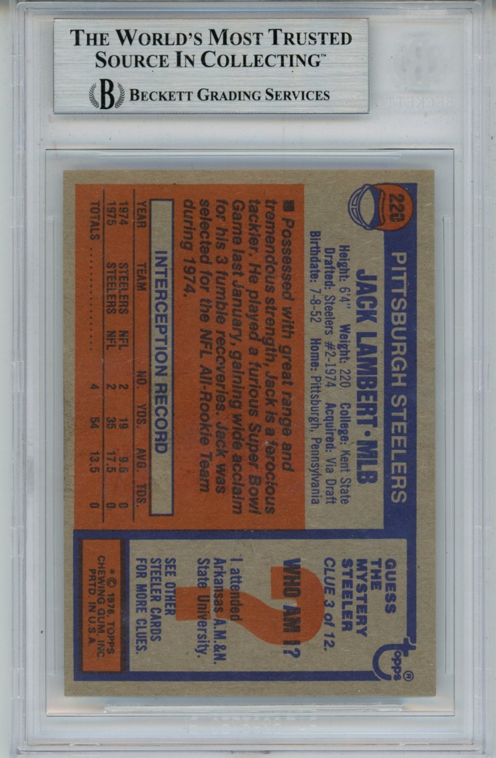 Jack Lambert Autographed/Signed 1976 Topps #229 Slab Trading Card Beckett 56936 2 Jack Lambert Autographed/Signed 1976 Topps #229 Slab Trading Card Beckett 56936
