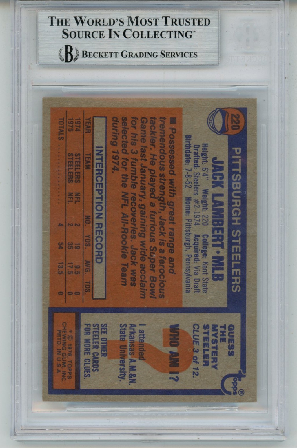 Jack Lambert Autographed/Signed 1976 Topps #229 Slab Trading Card Beckett 56938