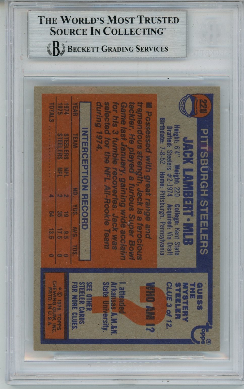 Jack Lambert Autographed/Signed 1976 Topps #229 Slab Trading Card Beckett 56939