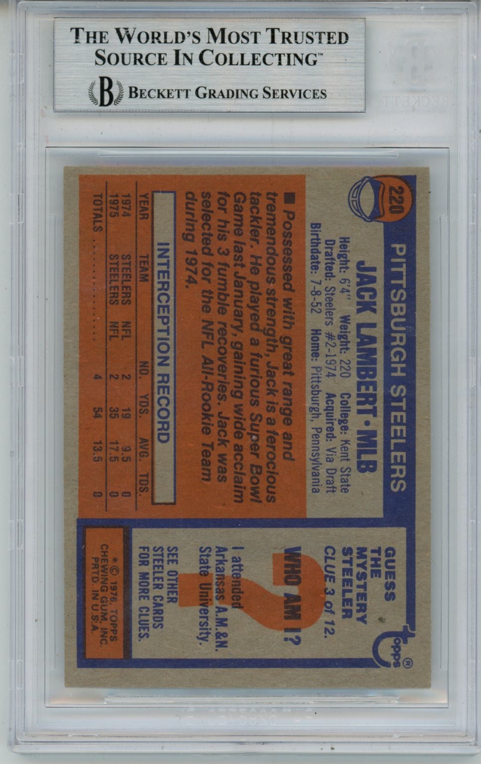 Jack Lambert Autographed/Signed 1976 Topps #229 Slab Trading Card Beckett 56940