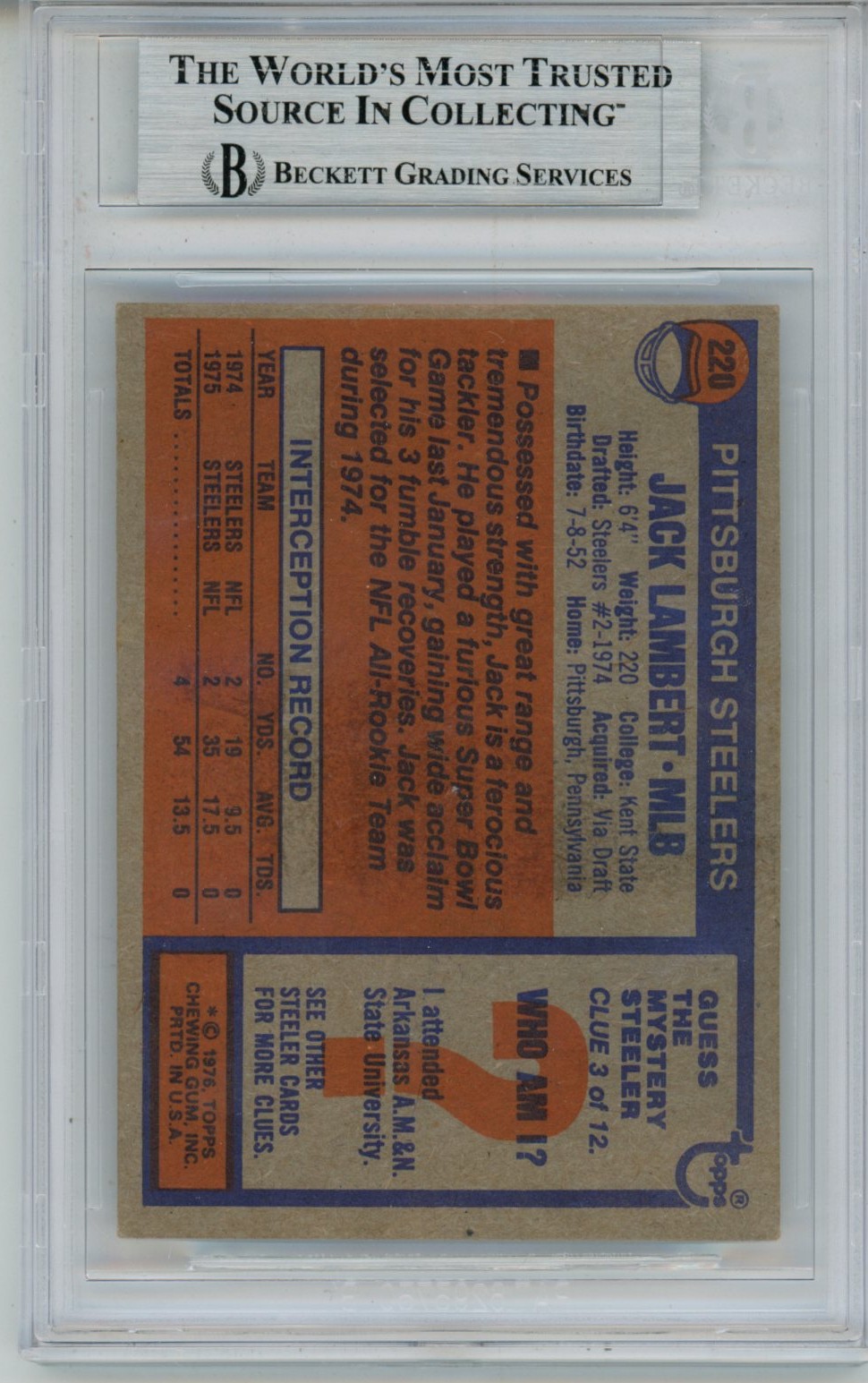 Jack Lambert Autographed/Signed 1976 Topps #229 Slab Trading Card Beckett 56942