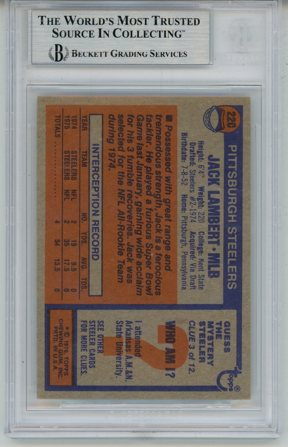 Jack Lambert Autographed/Signed 1976 Topps #229 Slab Trading Card Beckett 56943