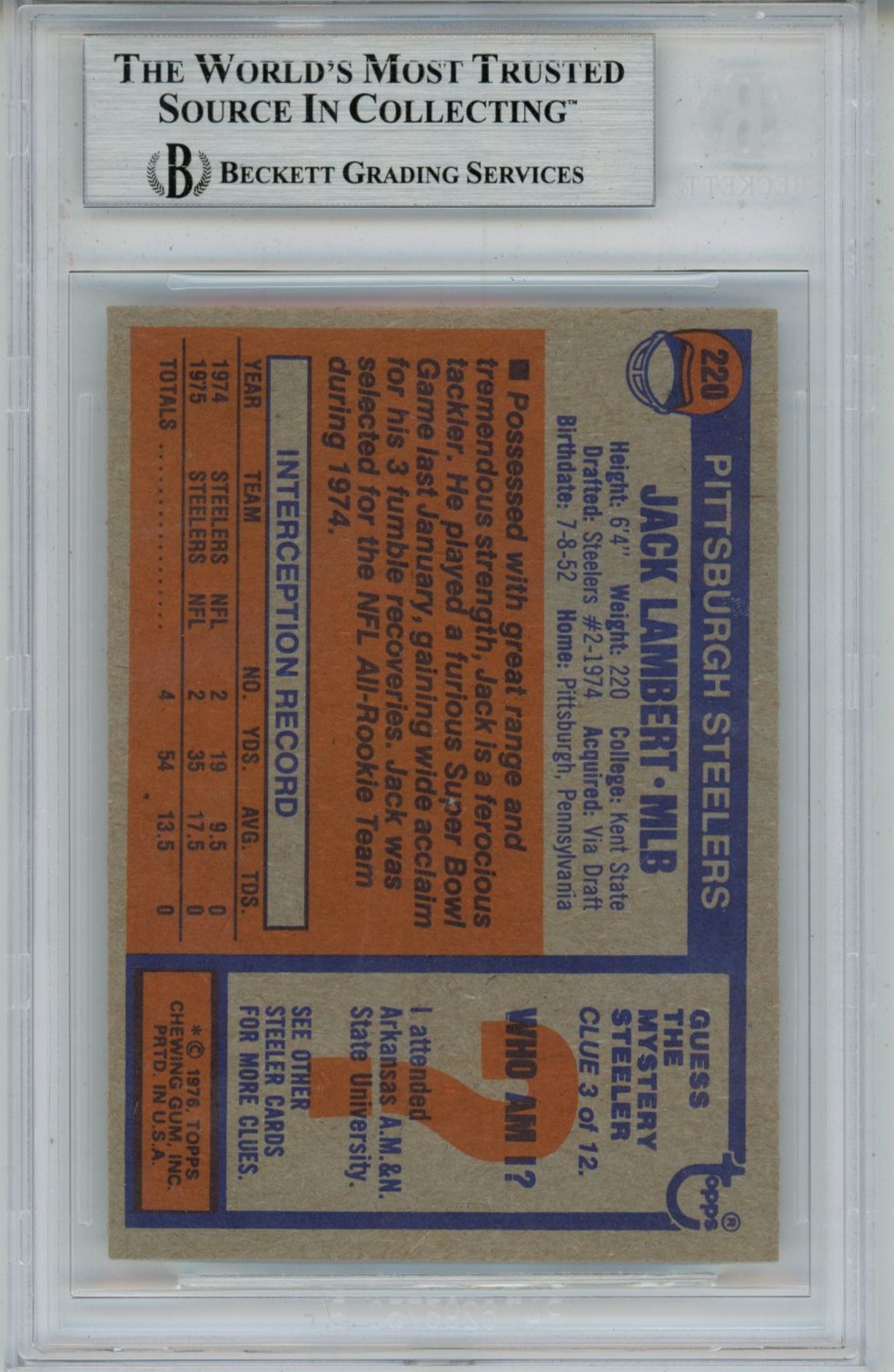 Jack Lambert Autographed/Signed 1976 Topps #229 Slab Trading Card Beckett 56944