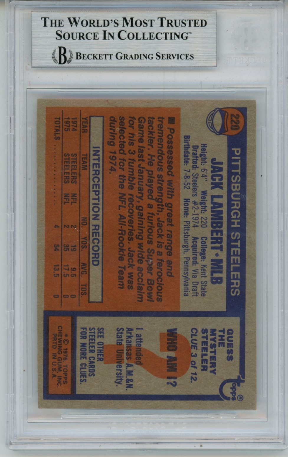 Jack Lambert Autographed/Signed 1976 Topps #229 Slab Trading Card Beckett 56945