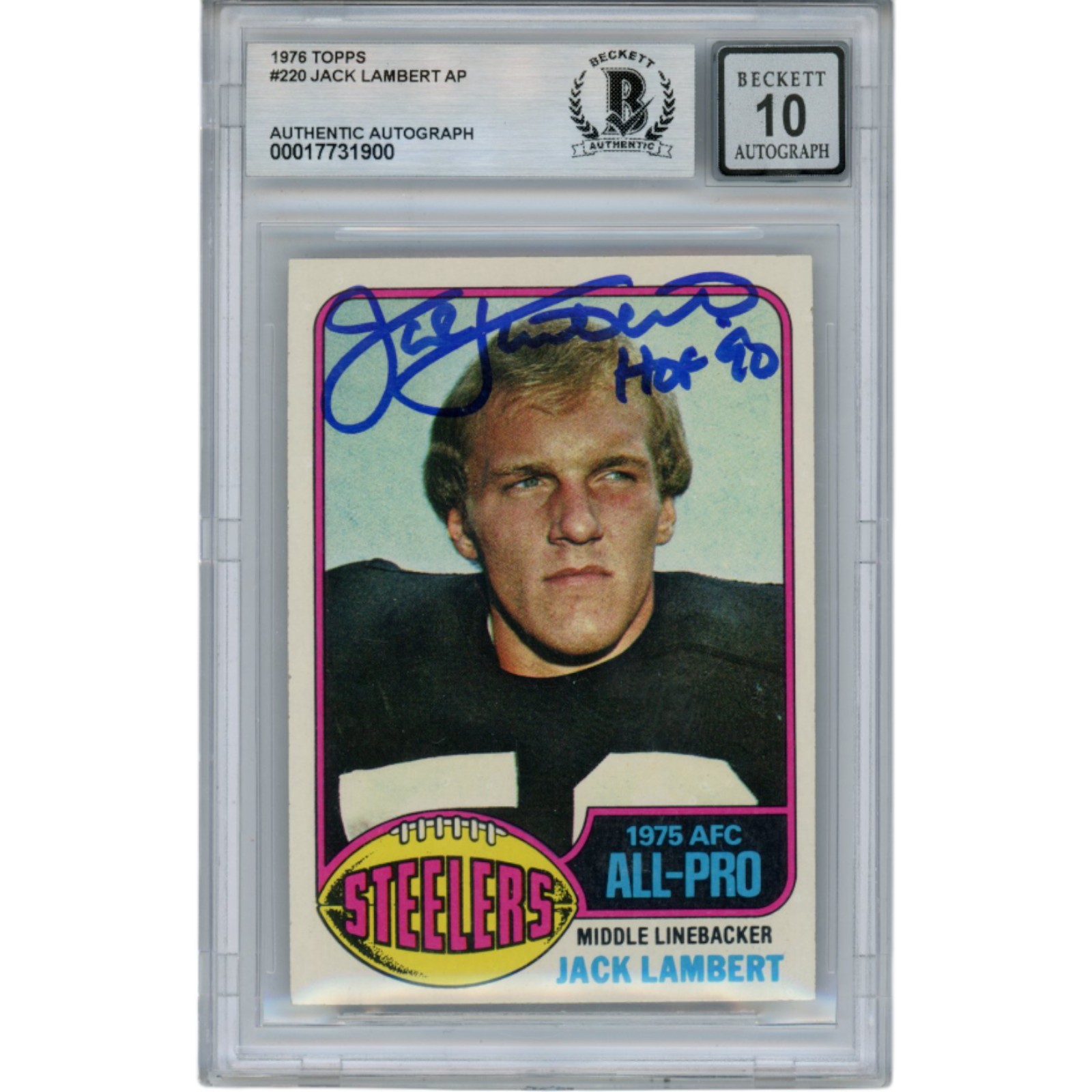 Jack Lambert Signed Pittsburgh Steelers 1976 Topps 220 Card HOF 10 Beckett 46389