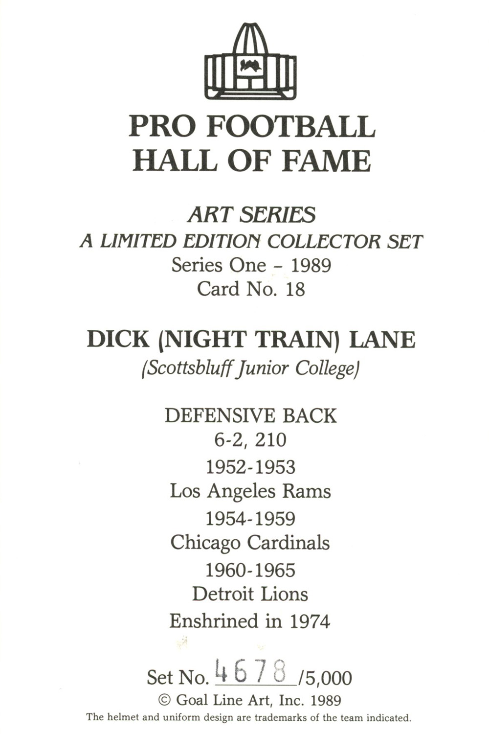 Dick Lane Unsigned Detroit Lions 1989 Series One Goal Line Art Card