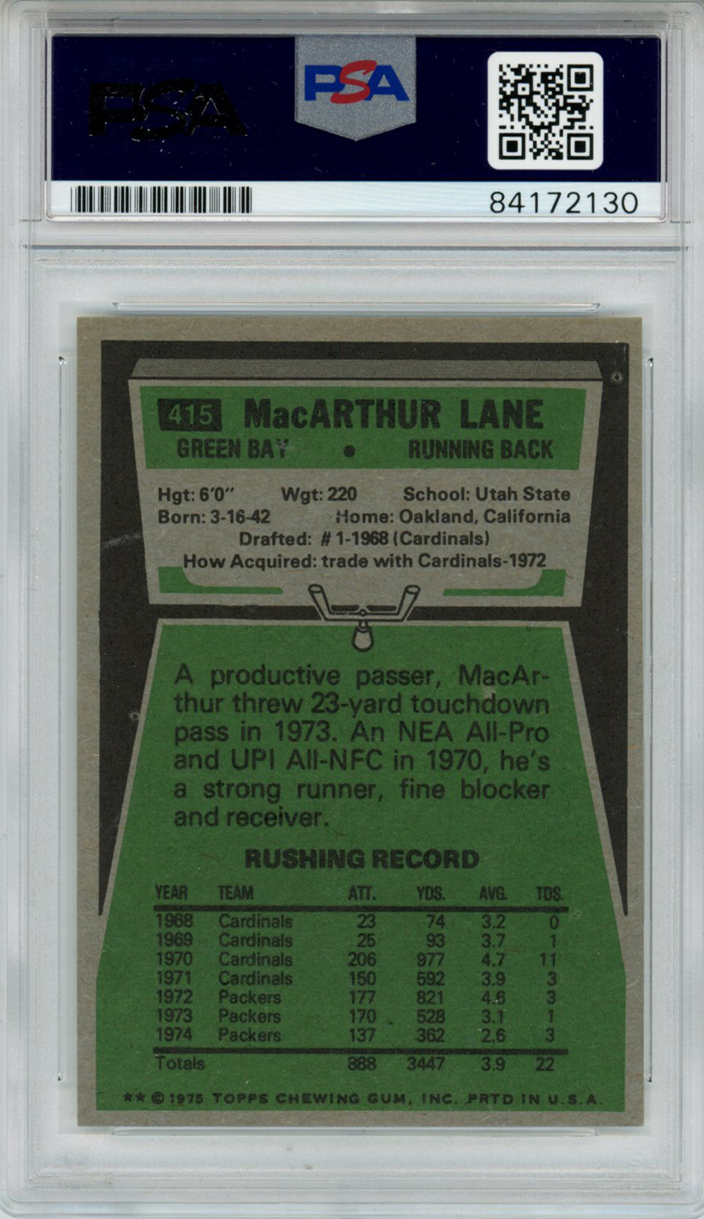 MacArthur Lane Autographed 1975 Topps #415 Trading Card PSA Slab