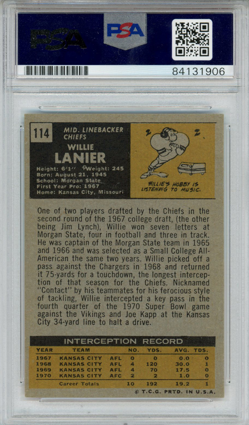 Willie Lanier Autographed 1971 Topps #114 Trading Card HOF PSA Slab