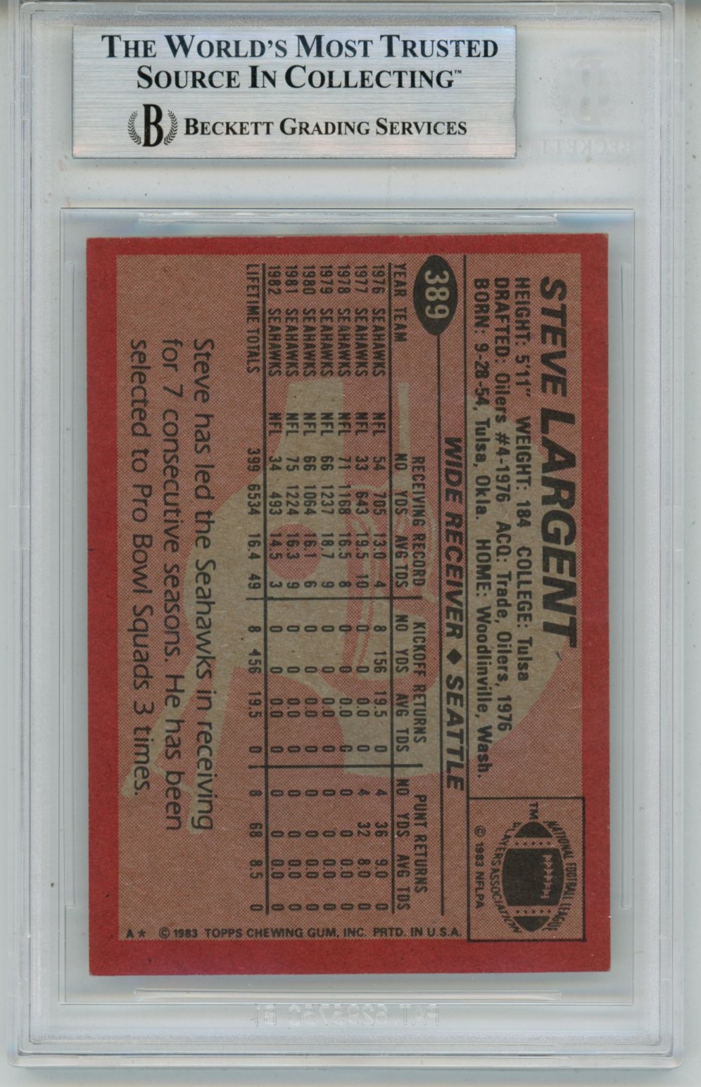 Steve Largent Autographed 1983 Topps #389 Trading Card Slab Beckett 57120 2 Steve Largent Autographed 1983 Topps #389 Trading Card Slab Beckett 57120