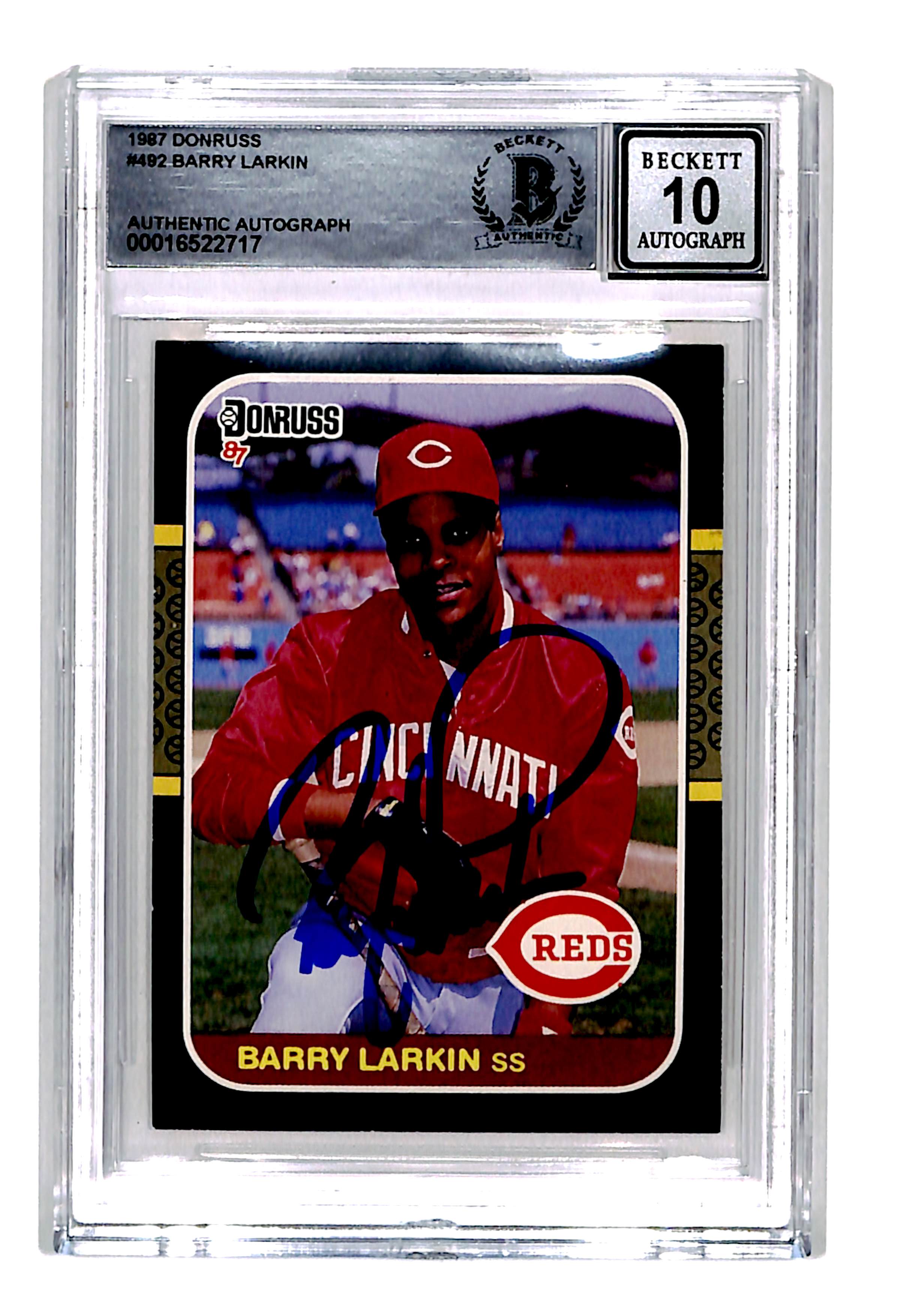 Barry Larkin Signed 1987 Donruss #492 Trading Card 10 Grade Beckett 44493