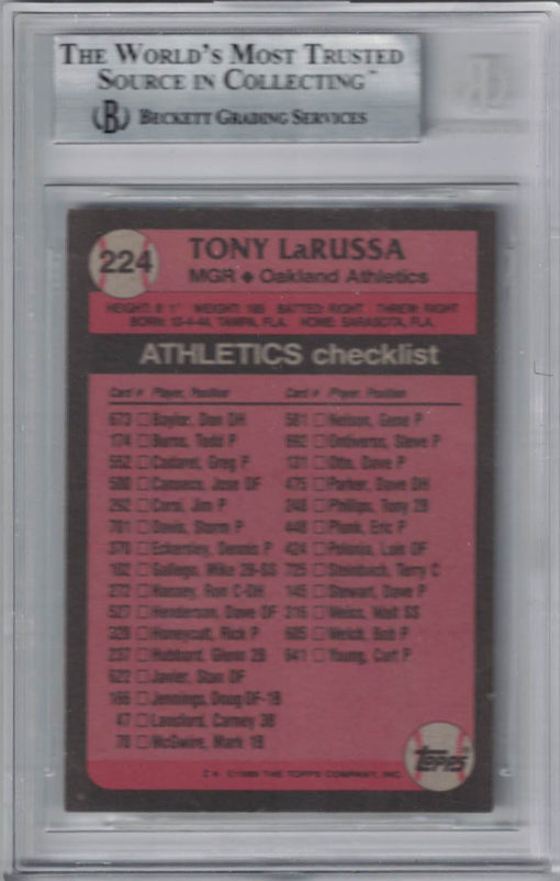 Tony LaRussa Autographed Oakland Athletics 1989 Topps Trading Card BAS 27039